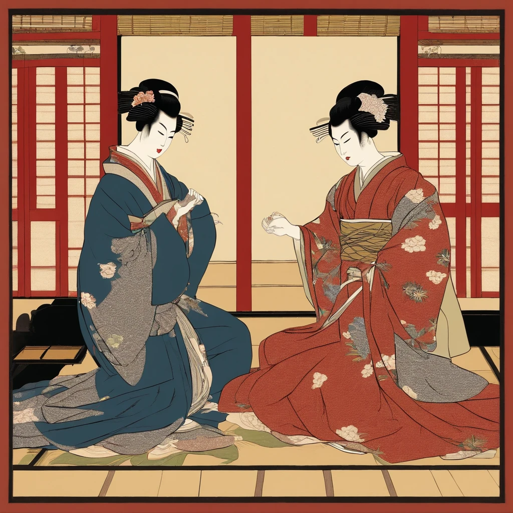 Dois gatos conversansdo, Traditional Japanese opera, no palco, ukiyo-e, Utamaro. Cena de hq em 3 quadros