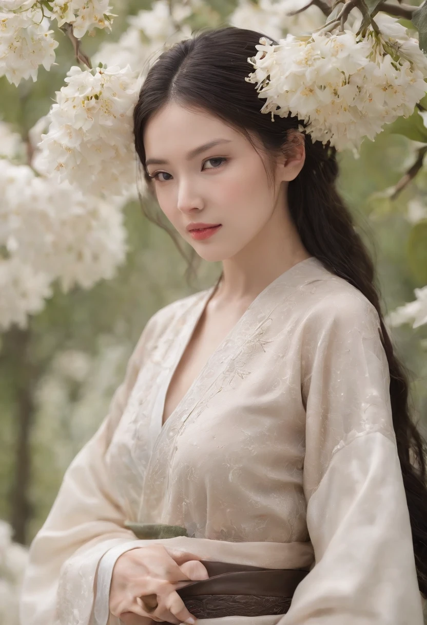 shukezouma， rendering by octane， hdr， （ultra - detailed：1. 15）， （the soft light， Sharp：1. 2）， 1girll， beuaty girl， Ultra-detailed eyes， mature， plumw， Thick， Lotus in hand， Long black hair，  Super delicate texture Hanfu， （hair adornments， 耳Nipple Ring， flower hair ornaments， ）， exteriors，an osmanthus tree， vivd colour， 16k， hyper HD， High-density imaging review 10， （tmasterpiece：1. 5）， absurderes， （best qualtiy：1. 5）