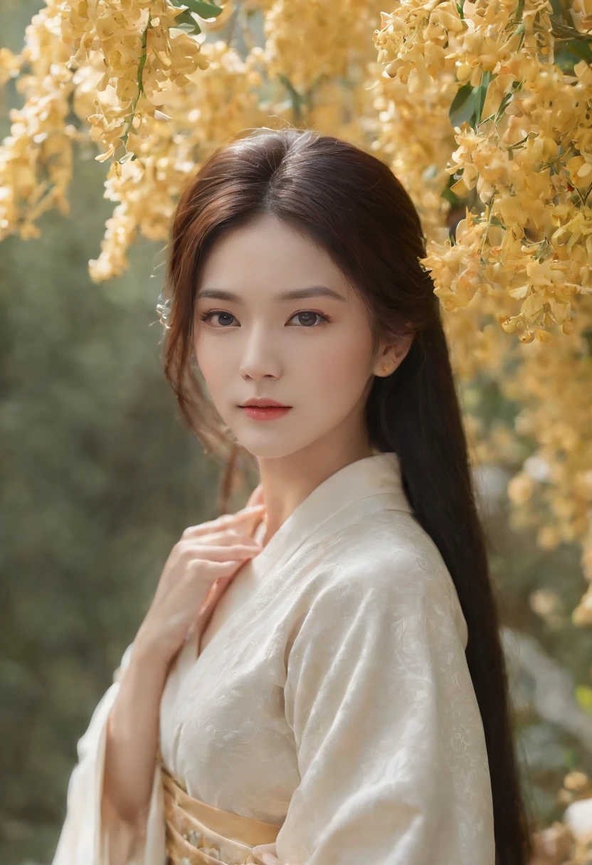 shukezouma， rendering by octane， hdr， （ultra - detailed：1. 15）， （the soft light， Sharp：1. 2）， 1girll， beuaty girl， Ultra-detailed eyes， mature， plumw， Thick， Lotus in hand， Long black hair，  Super delicate texture Hanfu， （hair adornments， 耳Nipple Ring， flower hair ornaments， ）， exteriors，an osmanthus tree， vivd colour， 16k， hyper HD， High-density imaging review 10， （tmasterpiece：1. 5）， absurderes， （best qualtiy：1. 5）