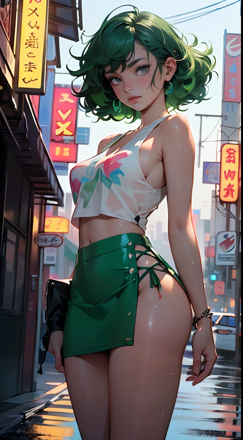 girl youtuber,(((1girl))),((extremely cute and beautiful green curly-haired girl)),

(short breasts:1.4),(((green curly hair:1.35,very curly hair,colored inner hair,ear breathing,short hair))),(((eyes green:1.3))),intricate eyes,beautiful detailed eyes,symmetrical eyes,big eyes:1.3,((fat)),(((lustrous skin:1.5,bright skin: 1.5,skin tanned,shiny skin,very shiny skin,shiny body,plastic glitter skin,exaggerated shiny skin,illuminated skin,wet legs))),detailed body,(detailed face),

cute,slutty,seductive,erotic,(((nsfw))),

zettai ryouiki,revealing clothing,show skin,((rave mini-skirt,visible thong straps,white loose tank top with an pop art print)),((wet clothes,intricate outfit,intricate clothes)),

(dynamic pose:1.0),embarrassed,(centered,scale to fit dimensions,Rule of thirds),

cyberpunk city by the ocean at night, with bright neon signs and dark stormy clouds and puddles, scenery:1.25,

artistic photography,(photography taken by sldr),highres, sharp focus, (ultra detailed, extremely detailed), (photorealistic artwork:1.37),(extremely detailed CG unity 8k wallpaper),((synthwave background theme)),(((vibrant colors))),(intricate background),(masterpiece),(best quality),