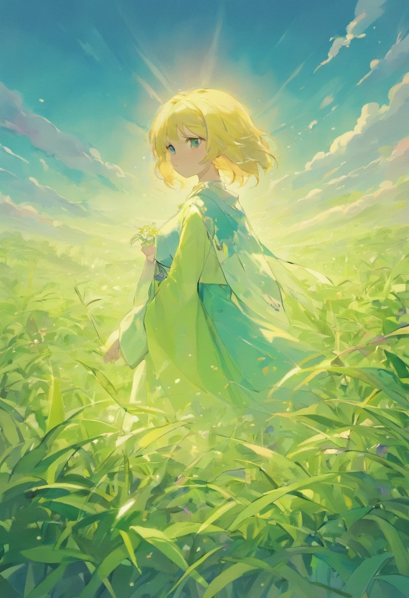A girl in a green dress walking through a field - SeaArt AI