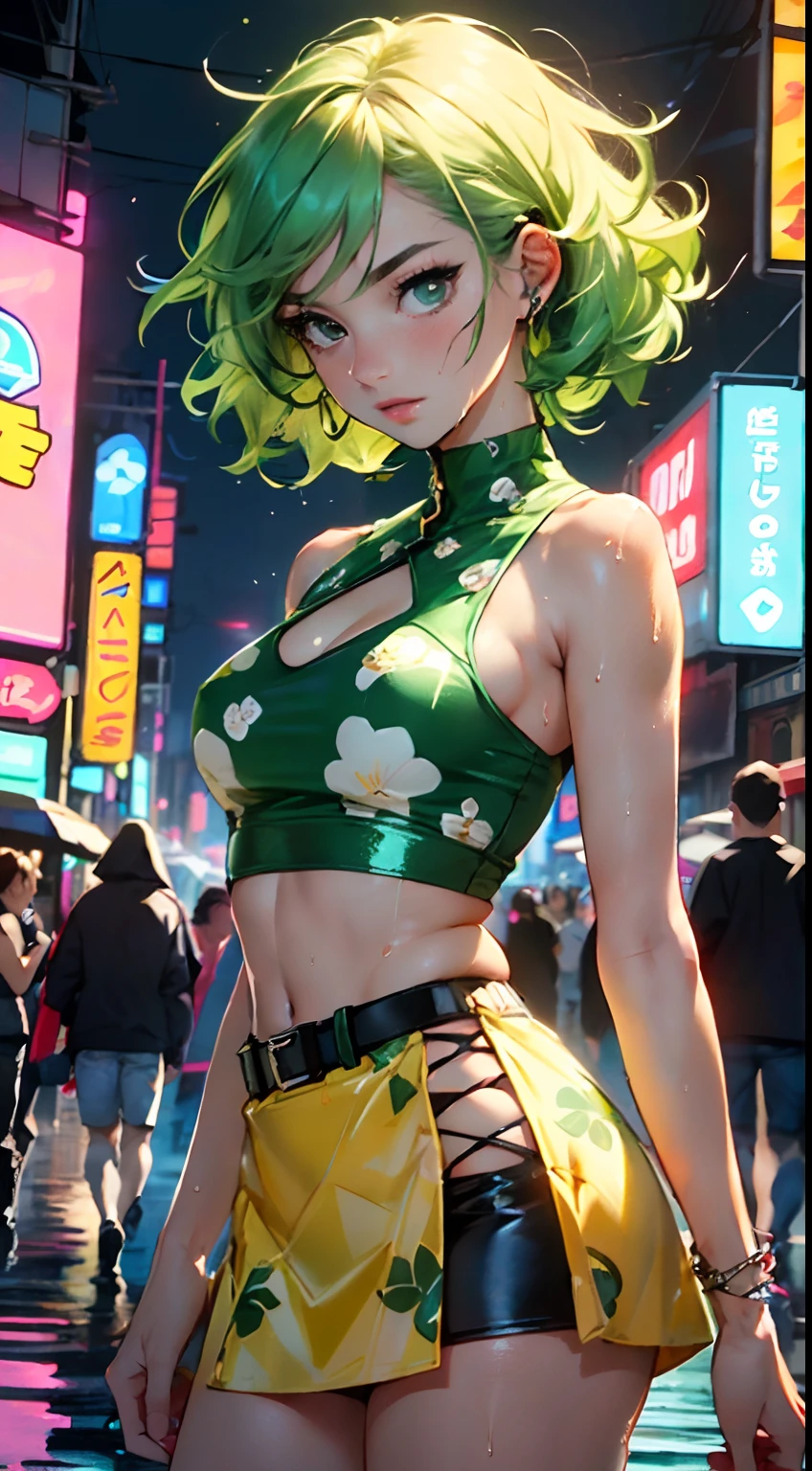 girl youtuber,(((1girl))),((extremely cute and beautiful green curly-haired girl)),
(short breasts:1.4),(((green curly hair:1.35,very curly hair,colored inner hair,ear breathing,short hair))),(((eyes green:1.3))),intricate eyes,beautiful detailed eyes,symmetrical eyes,big eyes:1.3,((fat)),(((lustrous skin:1.5,bright skin: 1.5,skin tanned,shiny skin,very shiny skin,shiny body,plastic glitter skin,exaggerated shiny skin,illuminated skin,wet legs))),detailed body,(detailed face),
cute,slutty,seductive,erotic,(((nsfw))),
zettai ryouiki,revealing clothing,show skin,((rave mini-skirt,visible thong straps,white loose tank top with an pop art print)),((wet clothes,intricate outfit,intricate clothes)),
(dynamic pose:1.0),embarrassed,(centered,scale to fit dimensions,Rule of thirds),
cyberpunk city by the ocean at night, with bright neon signs and dark stormy clouds and puddles, scenery:1.25,
artistic photography,(photography taken by sldr),highres, sharp focus, (ultra detailed, extremely detailed), (photorealistic artwork:1.37),(extremely detailed CG unity 8k wallpaper),((synthwave background theme)),(((vibrant colors))),(intricate background),(masterpiece),(best quality),