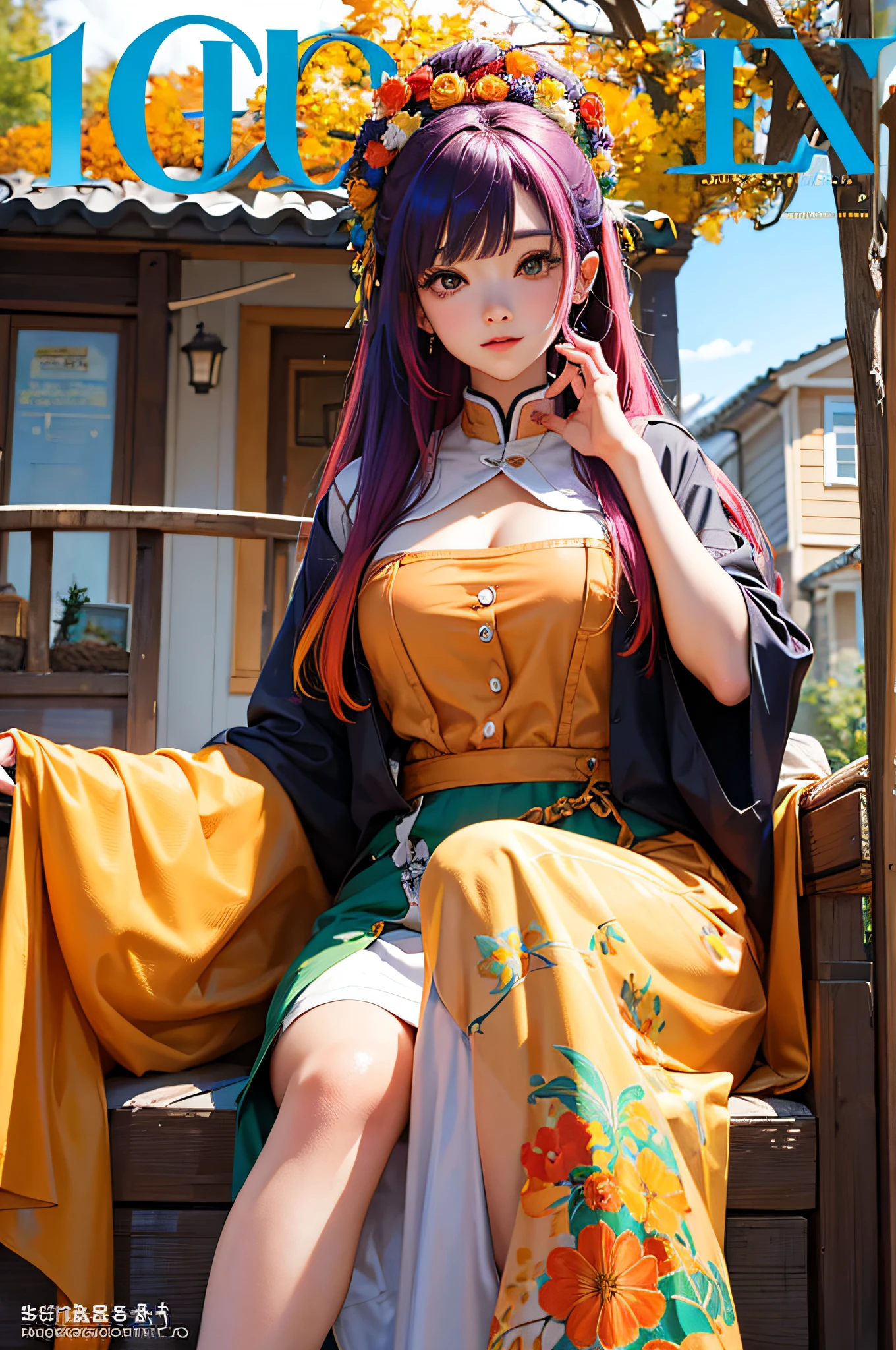 masterpiece、top-quality、Autumn costume、colourful hair、outside of house、Magazine covers、The upper part of the body、