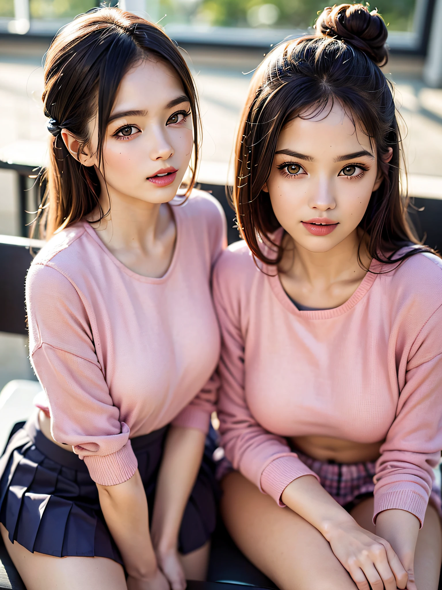 (2young girls), (highly detailed Beautiful face), Amazing face and eyes, (Best Quality:1.4), (Ultra-detailed), (extremely detailed CG unified 8k wallpaper), Highly detailed, High-definition raw color photos, Professional Photography, Realistic portrait, Amazing face and eyes, Pink eyes, (hi-school uniform, pleated mini skirt:1.3), Double buns, brown hair, model, smile shyly, (pink underwear:1.3), (((Bokeh))), depth of fields, School, classroom, sitting, view from below,
