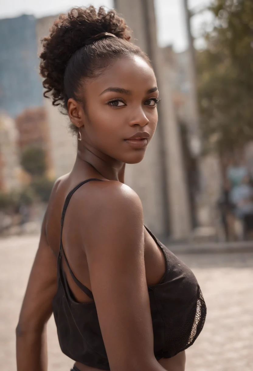 ((African dark skin, very deep ebony skin)), ((her beauty is undeniable)), ((excited cute face)), ((hyper detailed perfect eyes,)), ((cute pose)), ((tongue out)), ((seductive )), sexy, (( tight mesh shirt, sexy short shorts)), ((African long curly afro ponytail hair,)), (( skin)), ((standing, front view)), ((touching her own legs in a sexy pose)), ((outdoors, public city)), sharp focus cgi, photorealistic, high detail, realistic, masterpiece, absurdres, best quality, HDR, high quality, high-definition, extremely detailed, 8k wallpaper, intricate details, 8K uhd, Full-HD, (realistic photo:1.2), contrast, harsh lighting, cinematic lighting, natural lighting, hard light, backlighting, global illumination, ambient occlusion