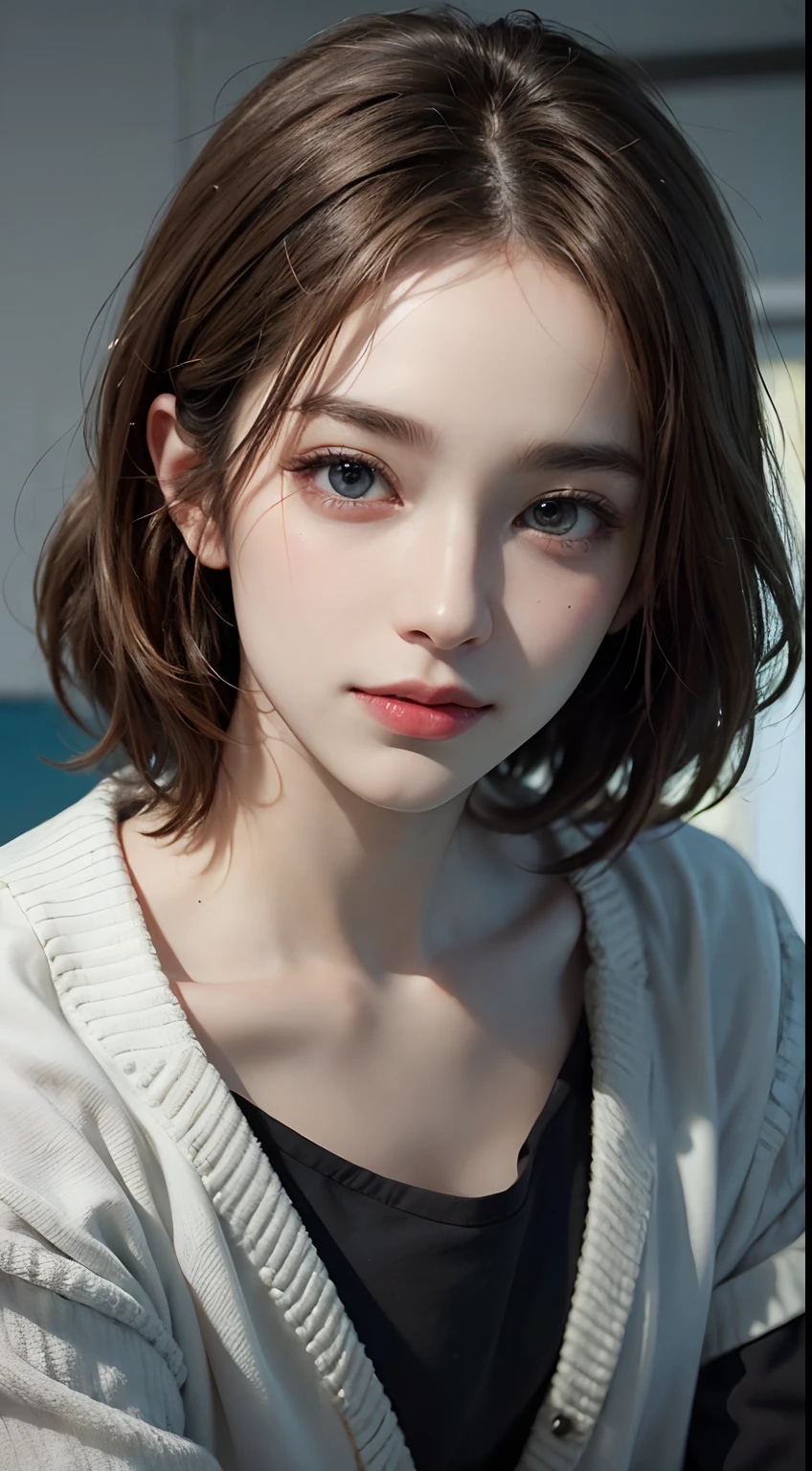 ((top-quality、​masterpiece))、Raw photography、8K、top-quality、 超A high resolution、Beautiful face in every detail、Realistic human skin、Gentle expression、front-facing view、Farbe々From an angle、(Bob Hair:1.5)、realisitic、Photorealsitic、cute little、springtime、cherry trees、White Dress、a necklace、bangss、
