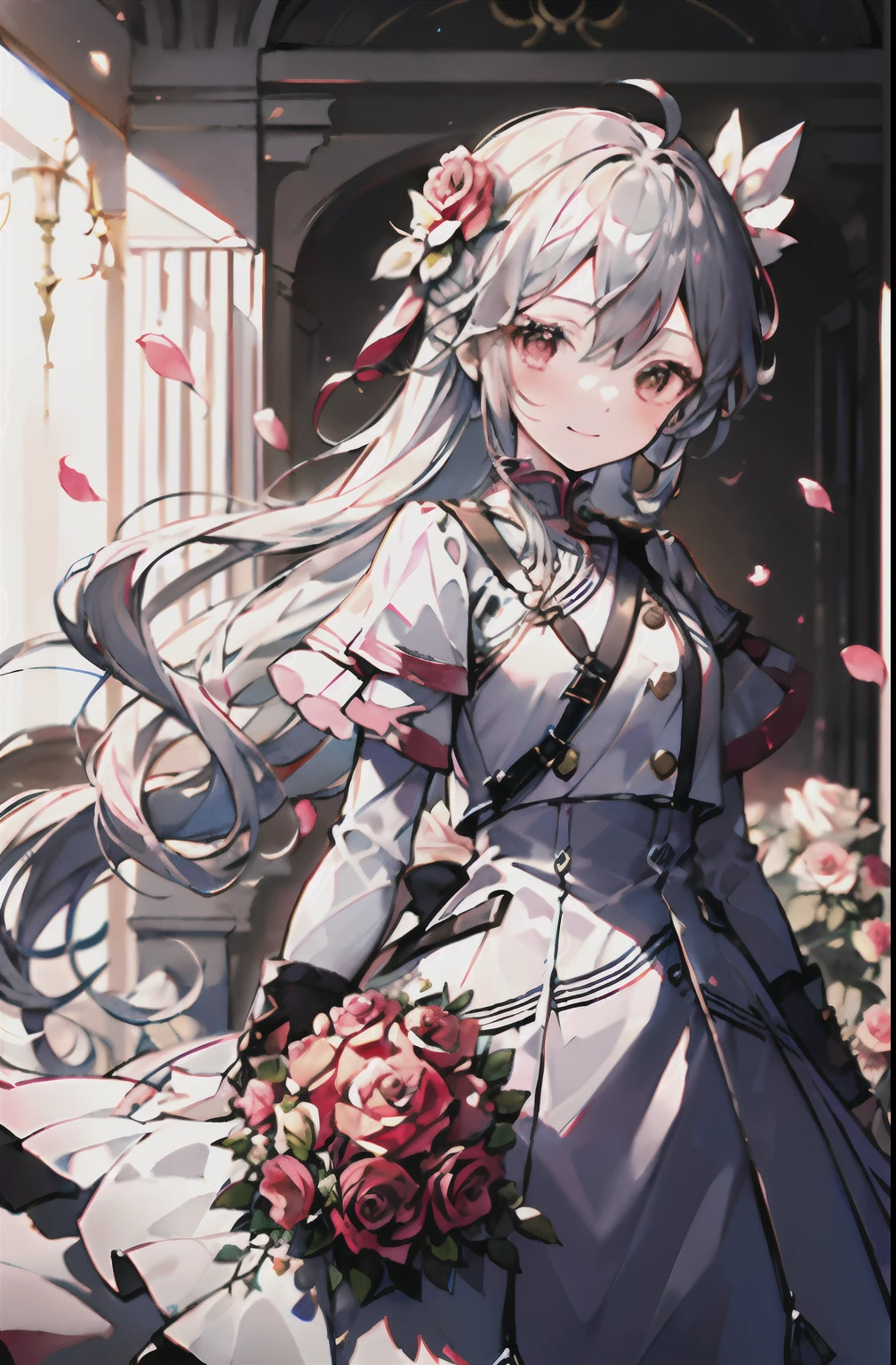 (masterpiece、top-quality、illustratio、Extremely high quality、high-level image quality、Rosa、((Rose flower))、Extremely sensitive writing)Girl with long silver hair standing in beautiful flowery garden、A slight smile、She has a large bouquet、Cute national costume style dress with ruffles on the shoulders、Hair fluttering in the wind