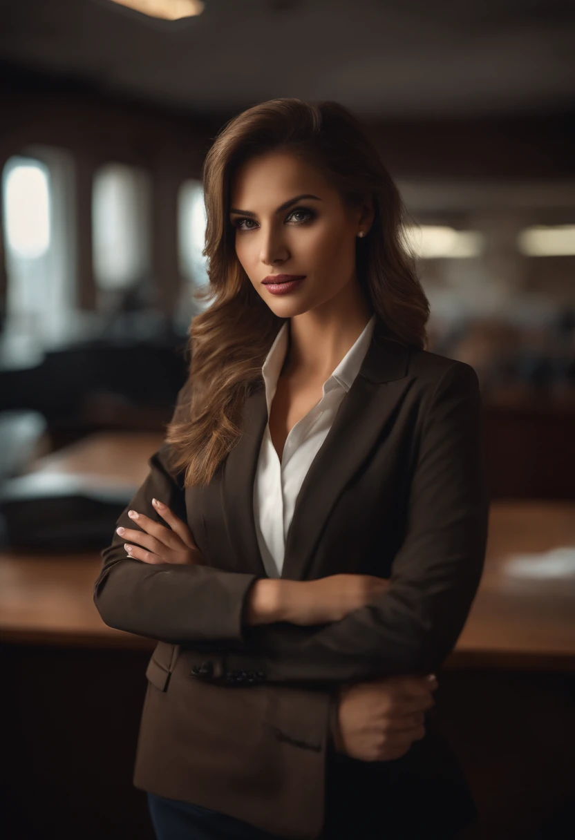 Profesional, (Foto 4k:1.1), High detail, Mujer latina, Usar ropa de negocios, Hermosa cara detallada, brown-hair, no demasiado largo, Forma del cuerpo, Sala de juntas de oficina con escritorio