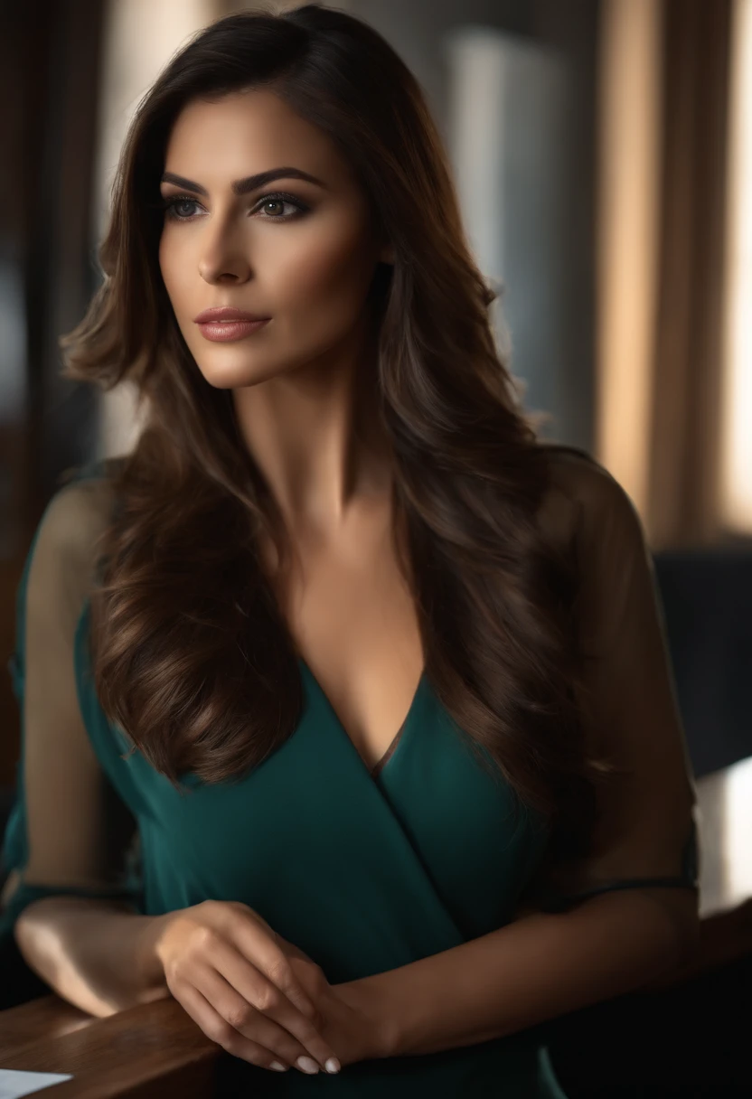 Profesional, (Foto 4k:1.1), High detail, Mujer latina, Usar ropa de negocios, Hermosa cara detallada, brown-hair, no demasiado largo, Forma del cuerpo, Sala de juntas de oficina con escritorio