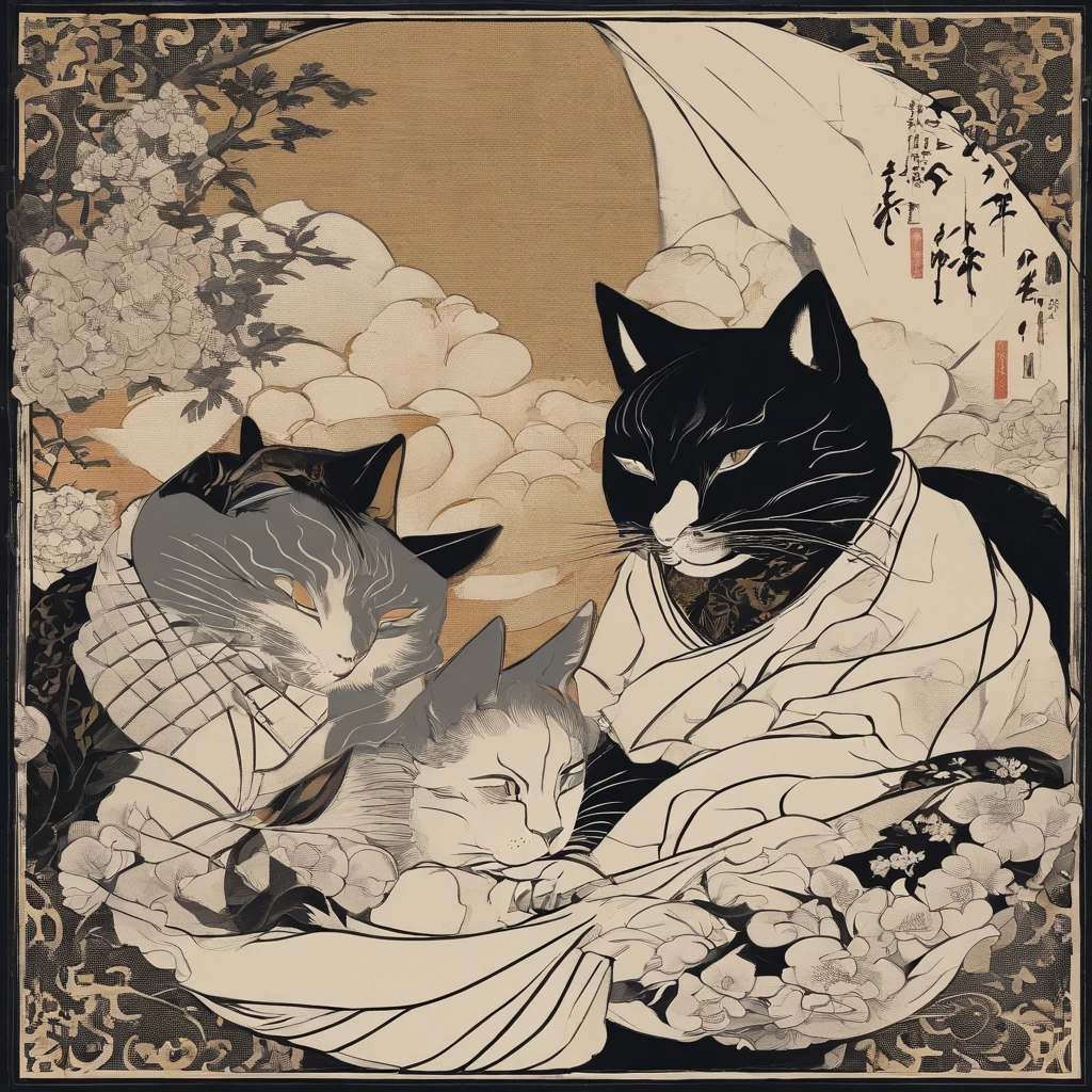 Dois gatos conversansdo, Traditional Japanese opera, no palco, ukiyo-e, Utamaro. Cena de hq em 3 quadros