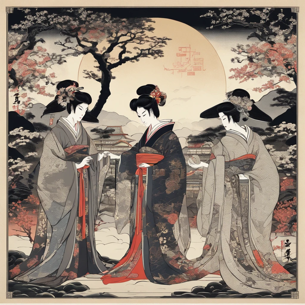 Dois gatos conversansdo, Traditional Japanese opera, no palco, ukiyo-e, Utamaro. Cena de hq em 3 quadros