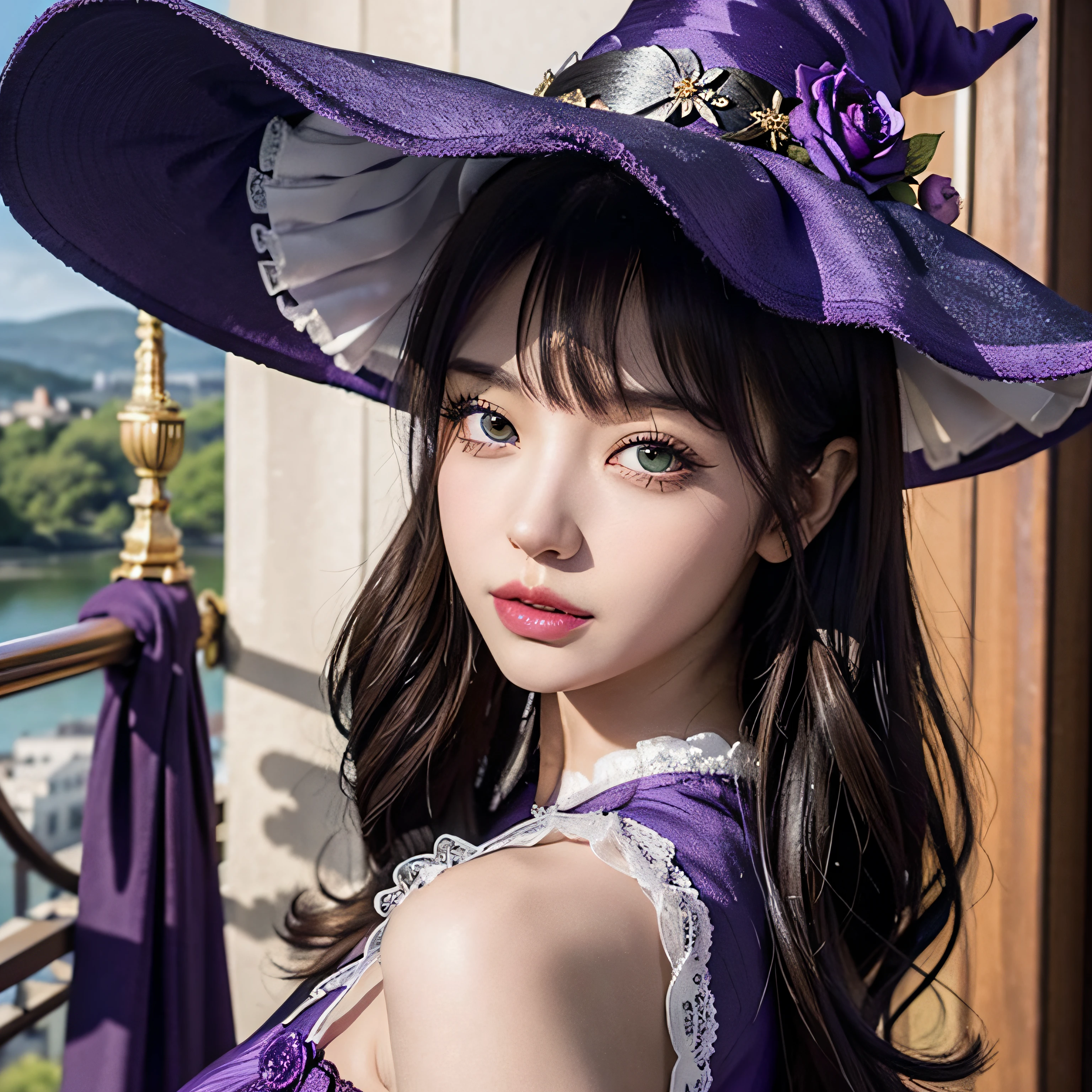beautiful  Girl, Perfect face, Arms at sides, masutepiece, 超A high resolution, High quality, 4K, Upper body:1.5,  Lisa (GenshinImpact), urple witch hat, Green eyes, Brown hair, (pureerosface_v1:0.008), (European:1.6), Bangs, Dress, Rose, Jewelry, Witch, Capelet, purple hat, Black Gloves, purple flower, hair between eye, purple rose, Parted lips, purple capelet, hat flower, multicolored dress, Hair Ornament,  pinwheel, From Side,