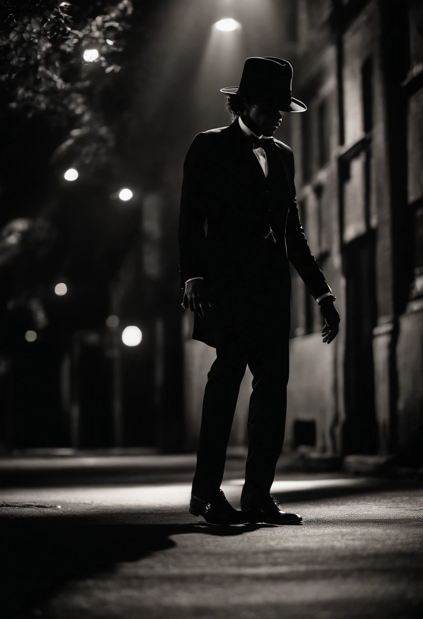 Michael Jackson com um fedora preto e um sobretudo preto, noir, dark cthulhu