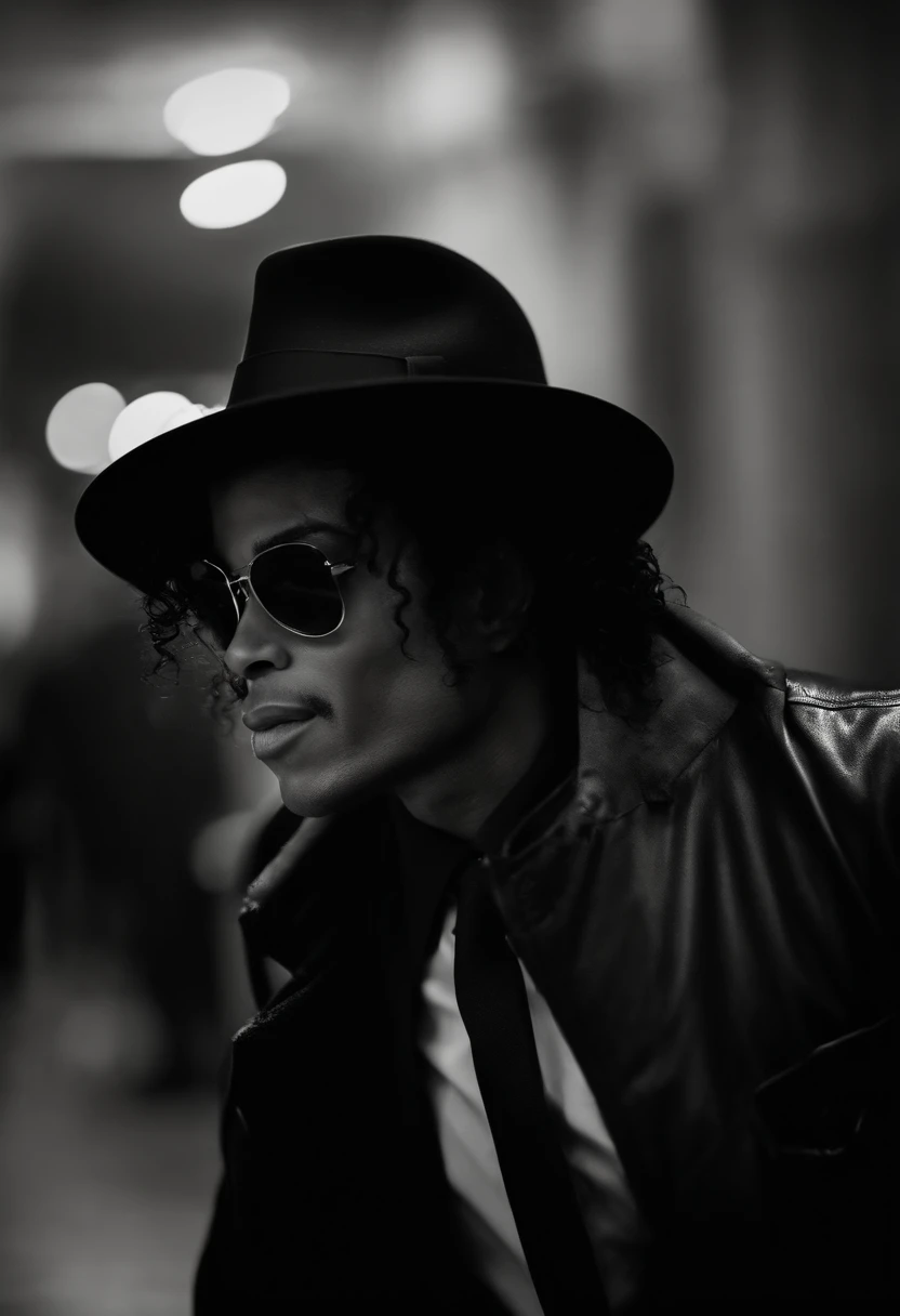 Michael Jackson com um fedora preto e um sobretudo preto, noir, dark cthulhu