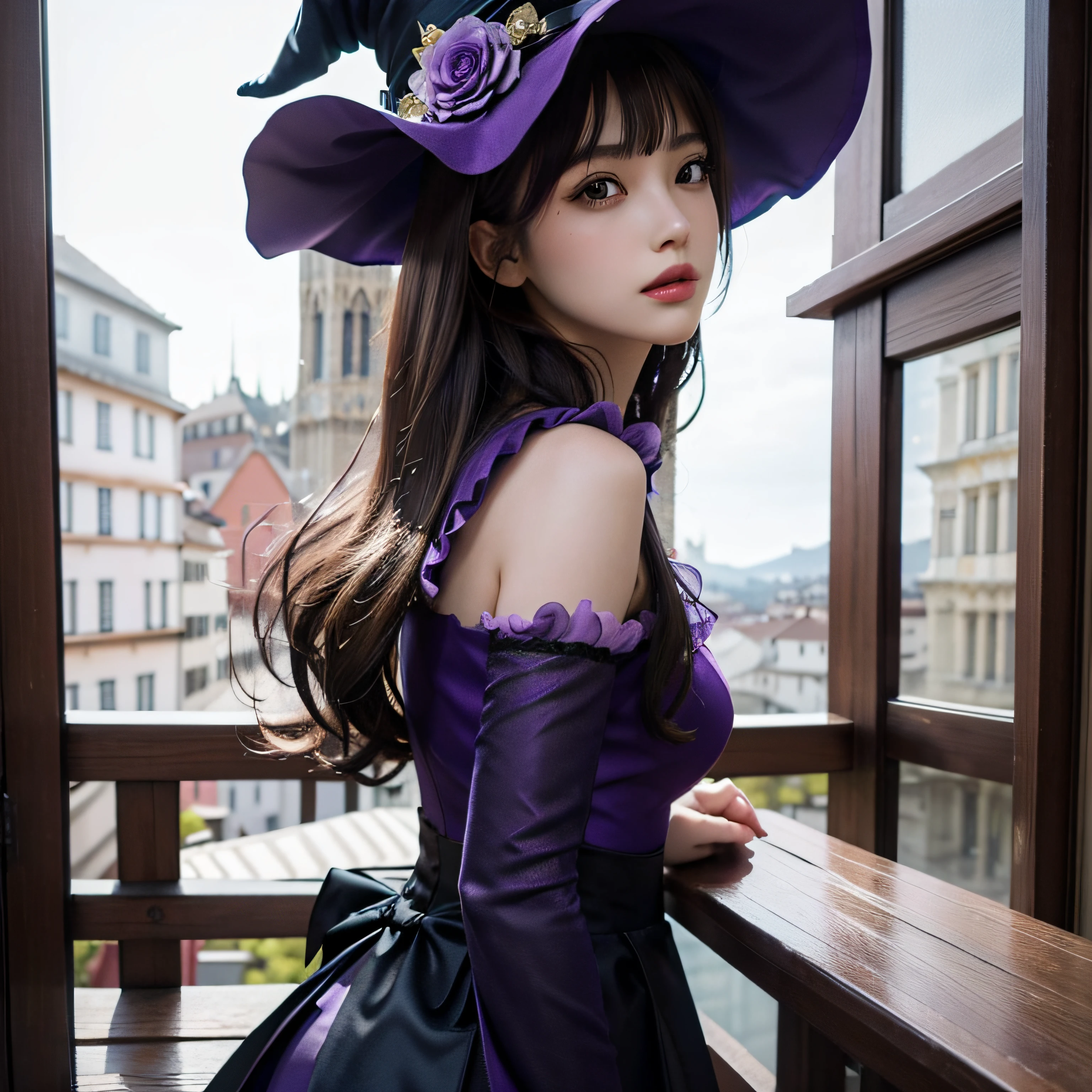 beautiful Girl, Perfect face, Arms at sides, masutepiece, 超A high resolution, High quality, 4K, Upper body:1.5, Lisa (GenshinImpact), urple witch hat, Green eyes, Brown hair, (pureerosface_v1:0.008), (European:1.6), Bangs, Dress, Rose, Jewelry, Witch, Capelet, purple hat, Black Gloves, purple flower, hair between eye, purple rose, Parted lips, purple capelet, hat flower, multicolored dress, Hair Ornament, pinwheel, From Side,