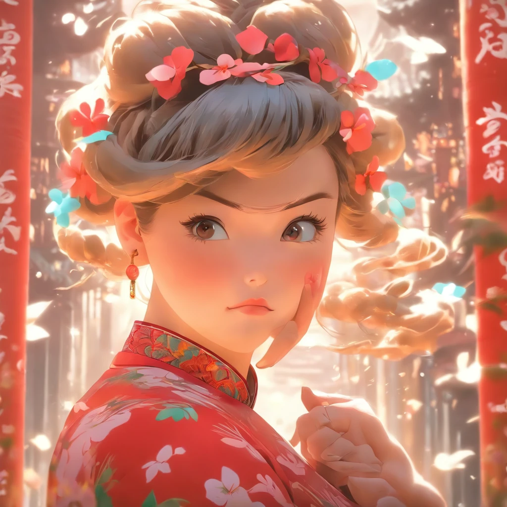 vivd colour， 16k， hyper HD， High-density imaging review 10， （tmasterpiece：1. 5）， absurderes， （best qualtiy：1. 5），A little girl，Hold your arms，Frowning，Staring at you angrily，Pouting angrily，Floral half-sleeved cheongsam，Cute fat girl，A ball head