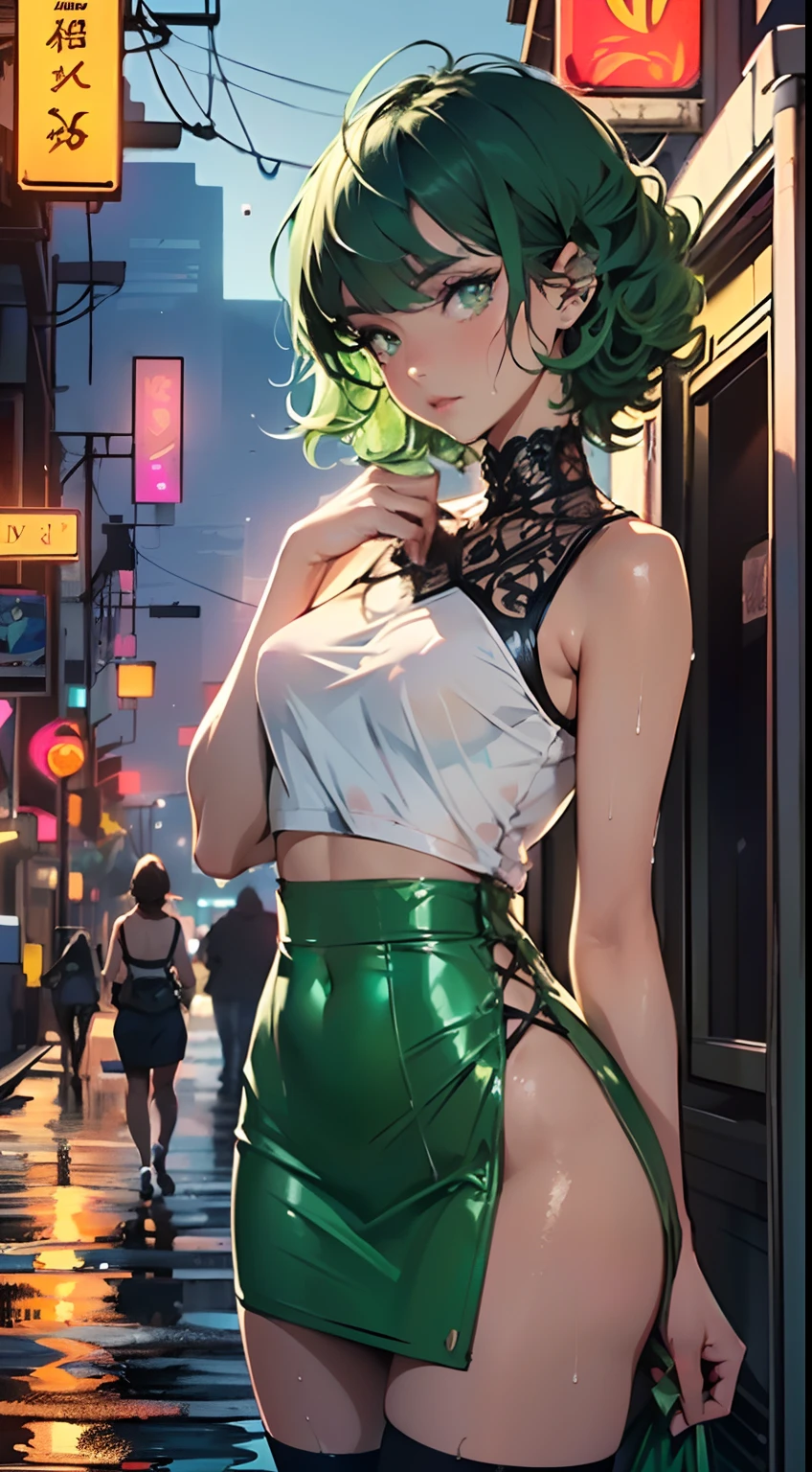 girl youtuber,(((1girl))),((extremely cute and beautiful green curly-haired girl)),
(short breasts:1.4),(((green curly hair:1.35,very curly hair,colored inner hair,ear breathing,short hair))),(((eyes green:1.3))),intricate eyes,beautiful detailed eyes,symmetrical eyes,big eyes:1.3,((fat)),(((lustrous skin:1.5,bright skin: 1.5,skin tanned,shiny skin,very shiny skin,shiny body,plastic glitter skin,exaggerated shiny skin,illuminated skin,wet legs))),detailed body,(detailed face),
cute,slutty,seductive,erotic,(((nsfw))),
zettai ryouiki,revealing clothing,show skin,((rave mini-skirt,visible thong straps,white loose tank top with an pop art print)),((wet clothes,intricate outfit,intricate clothes)),
(dynamic pose:1.0),embarrassed,(centered,scale to fit dimensions,Rule of thirds),
cyberpunk city by the ocean at night, with bright neon signs and dark stormy clouds and puddles, scenery:1.25,
artistic photography,(photography taken by sldr),highres, sharp focus, (ultra detailed, extremely detailed), (photorealistic artwork:1.37),(extremely detailed CG unity 8k wallpaper),((synthwave background theme)),(((vibrant colors))),(intricate background),(masterpiece),(best quality),