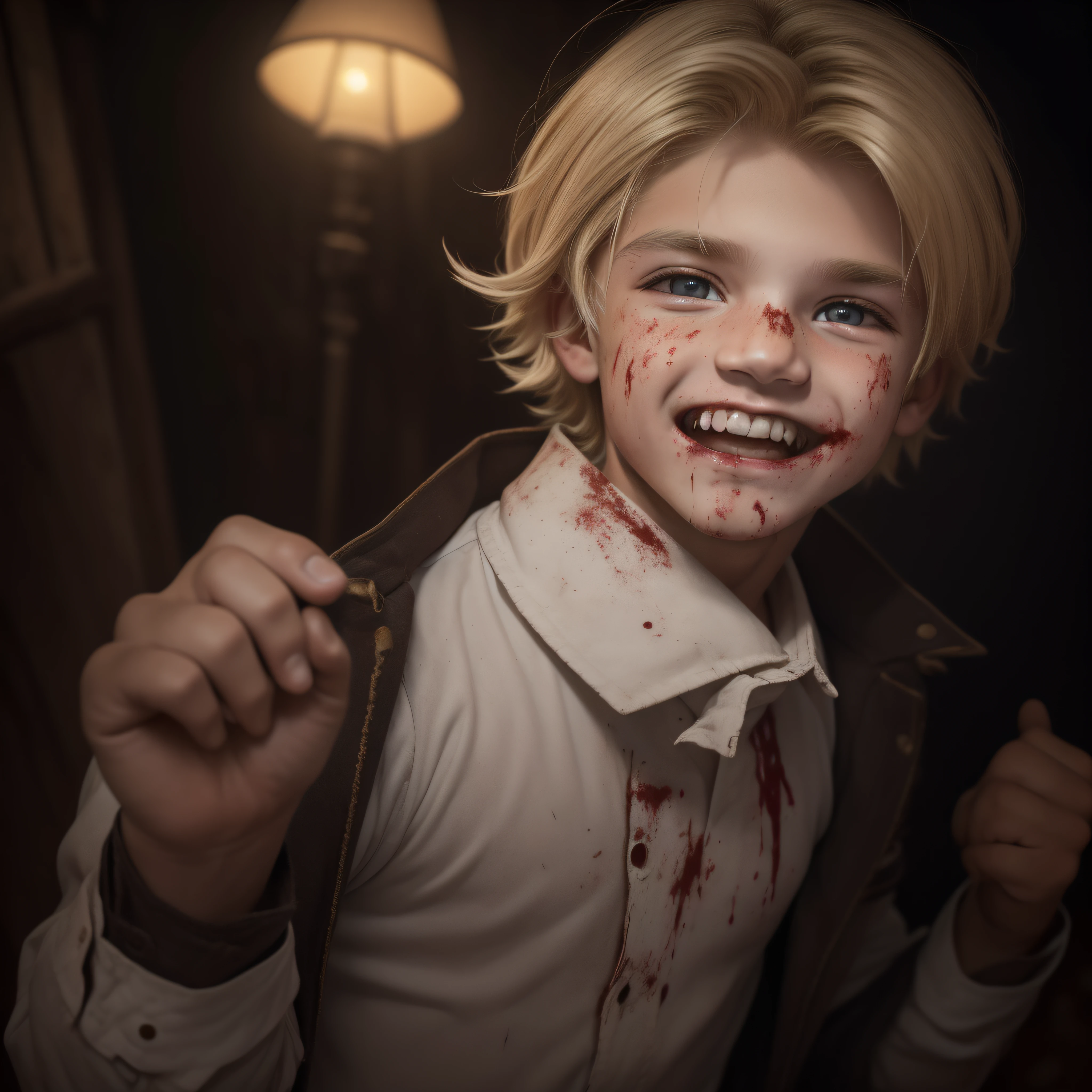 (extremadamente detallado, obra maestra, La mejor calidad, foto antigua, principios de siglo, VHS Aesthetics) blond boy with a white face and blood-stained smiling mouth. en la mano tiene un cuchillo lleno de sangre. ciudad nocturna mal iluminada. garras afilada. Light Volumetric