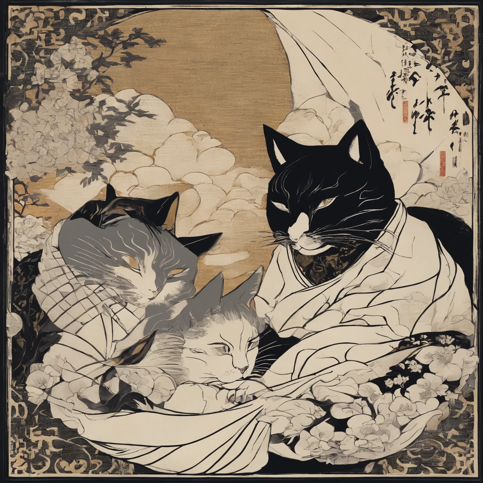 Dois gatos conversansdo, Traditional Japanese opera, no palco, ukiyo-e, Utamaro. Cena de hq em 3 quadros