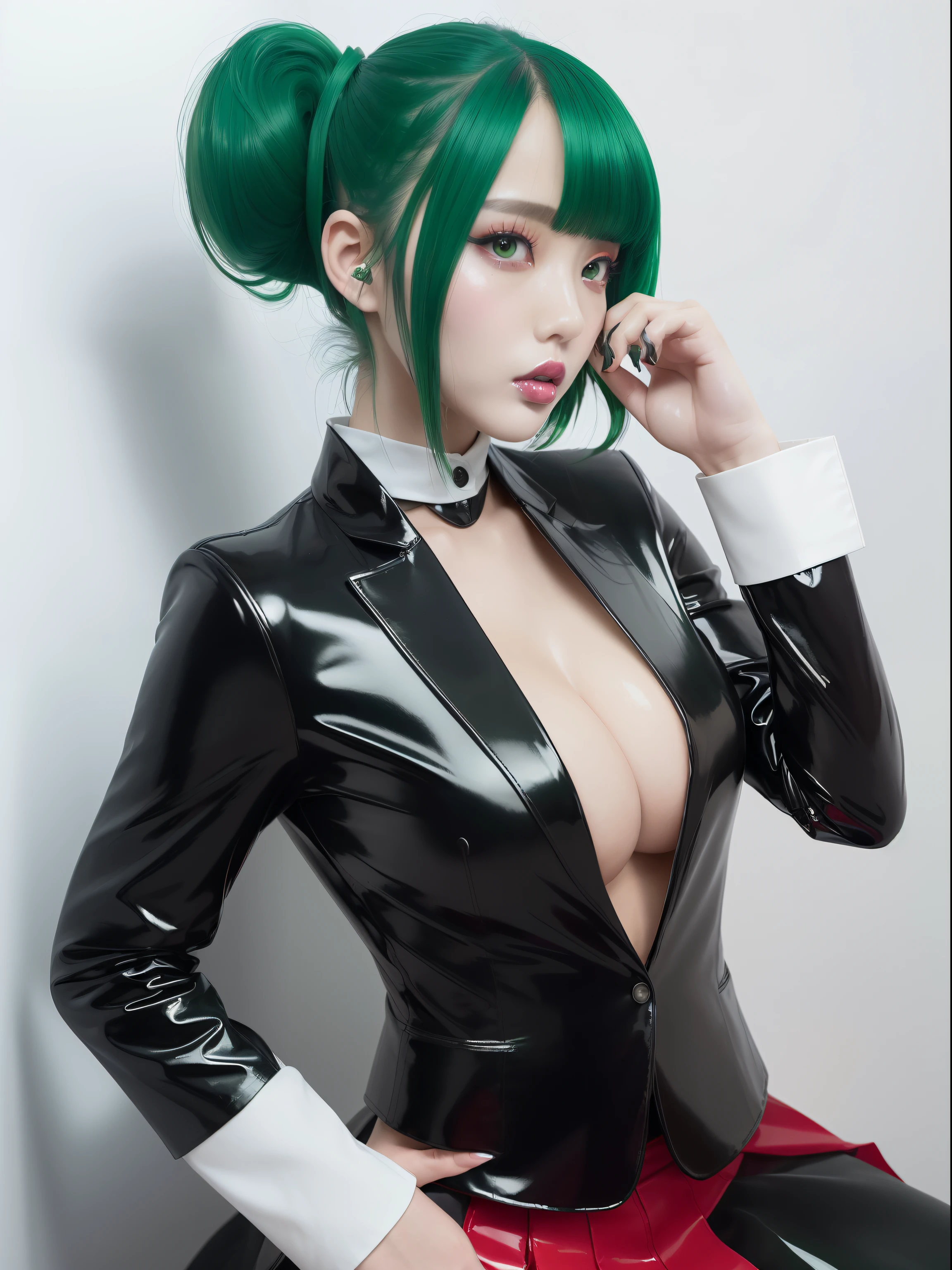Best Quality,Gorgeous Korean Woman,((Black Latex Blazer)),(White latex shirt),Red latex tie,((Black latex skirt)),White Satin Gloves,Gothic Lolita Makeup,(Full body),29yo,super model,Staring at the viewer,Big,Wet skin,Shiny skin,(((Green hair on both sides:1.2))),Blue Pupils,((Saliva)),Perfect fingers,Detailed fingers,