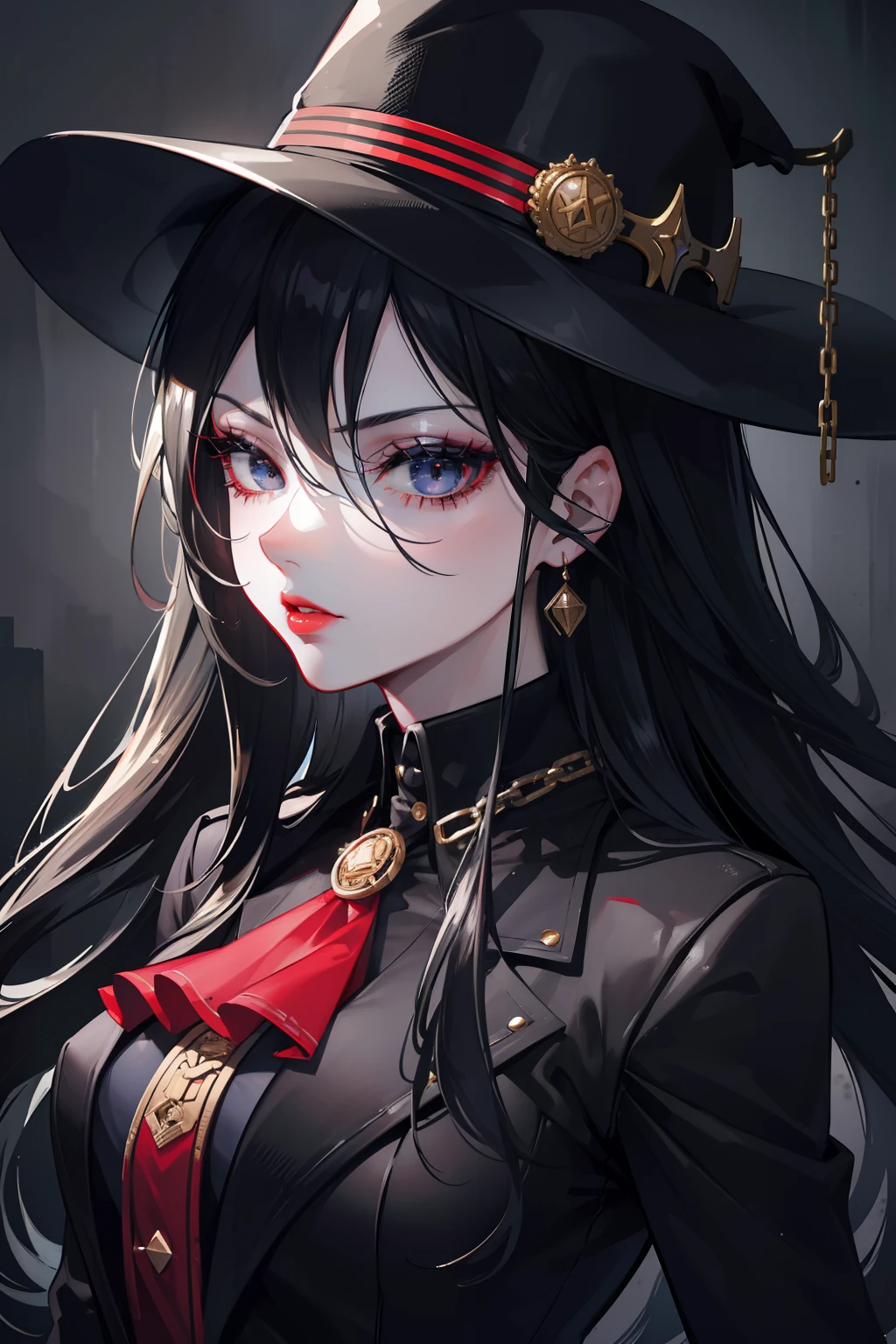 (best quality, highres:1.2), ultra-detailed, realistic:1.37, portrait, dark and moody, monochrome, dramatic lighting, intense stare, long eyelashes, flawless skin, expressive eyes, red lips, mafia-inspired, girl with a powerful presence, black fedora hat, tailored men suit, gold suit chain hanging across the suit, emphasis on the facial features