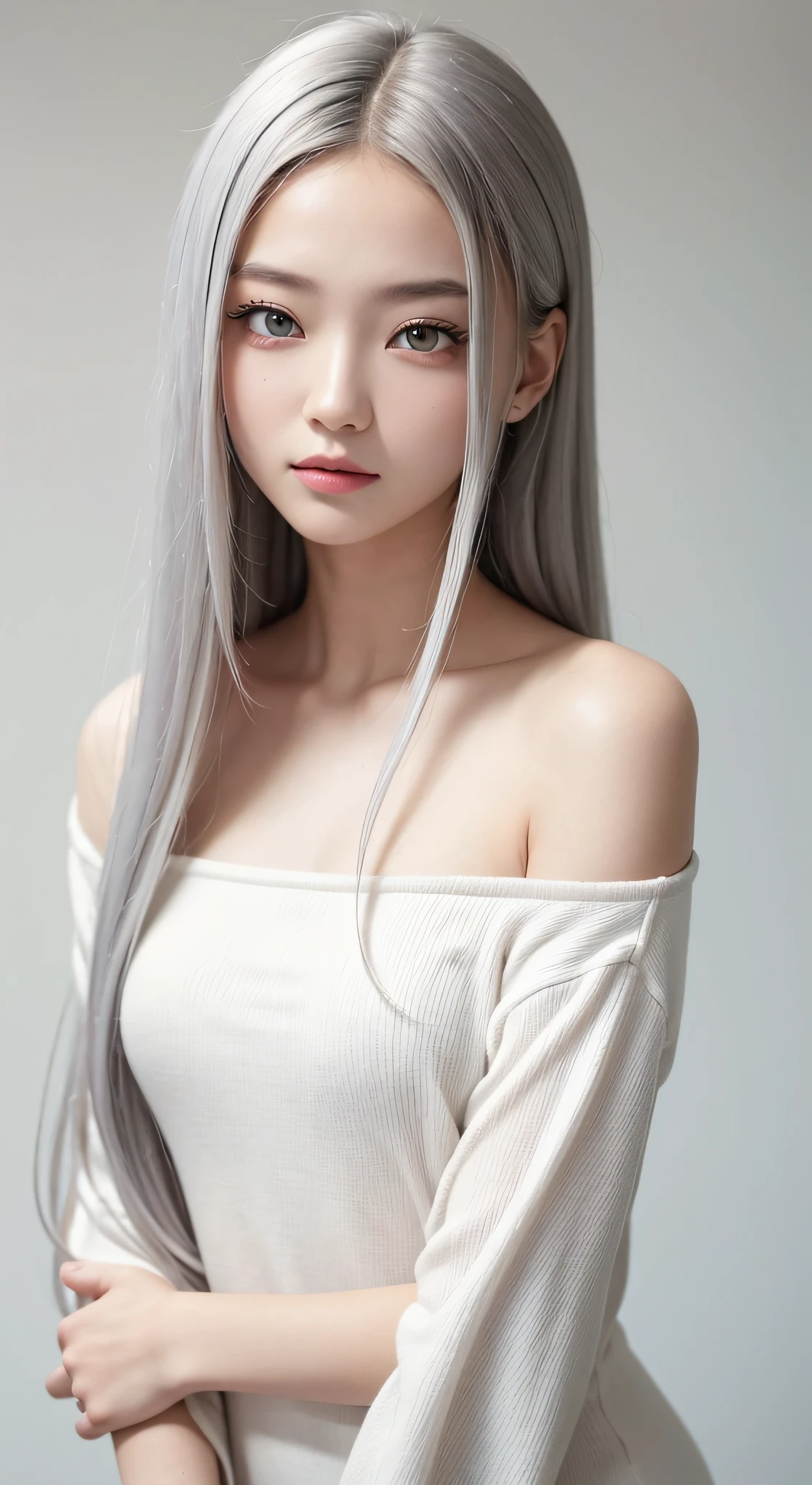 tmasterpiece, Best quality at best, Simple white clothes,bautiful young woman, shinning eyes, ChineseGirl,(detailedpupils:1.2),Pure, eyeslashes, Beautiful silver hair, Striped hair, multicolour, Medium hair, s the perfect face, A detailed,