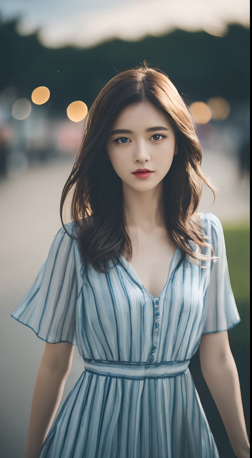 (8K, Raw photo, Photorealistic:1.25) ,( Lip gloss,Glossy finish, Glossy skin, Best Quality, 超A high resolution, chromatic abberation, Caustics, Wide light, Natural Shadow) look with serenity and goddess-like bliss to the spectators,(depth of fields:1.6), (colorful unfocused lights on background:1.2) ,very natural make-up,Shot on a cloudy day . Slender eyes.Downcast eyes. The distant look in her eyes、(Gorgeous Summer Dresses)(Stylish as a professional model)、Radio City、Medium Hair