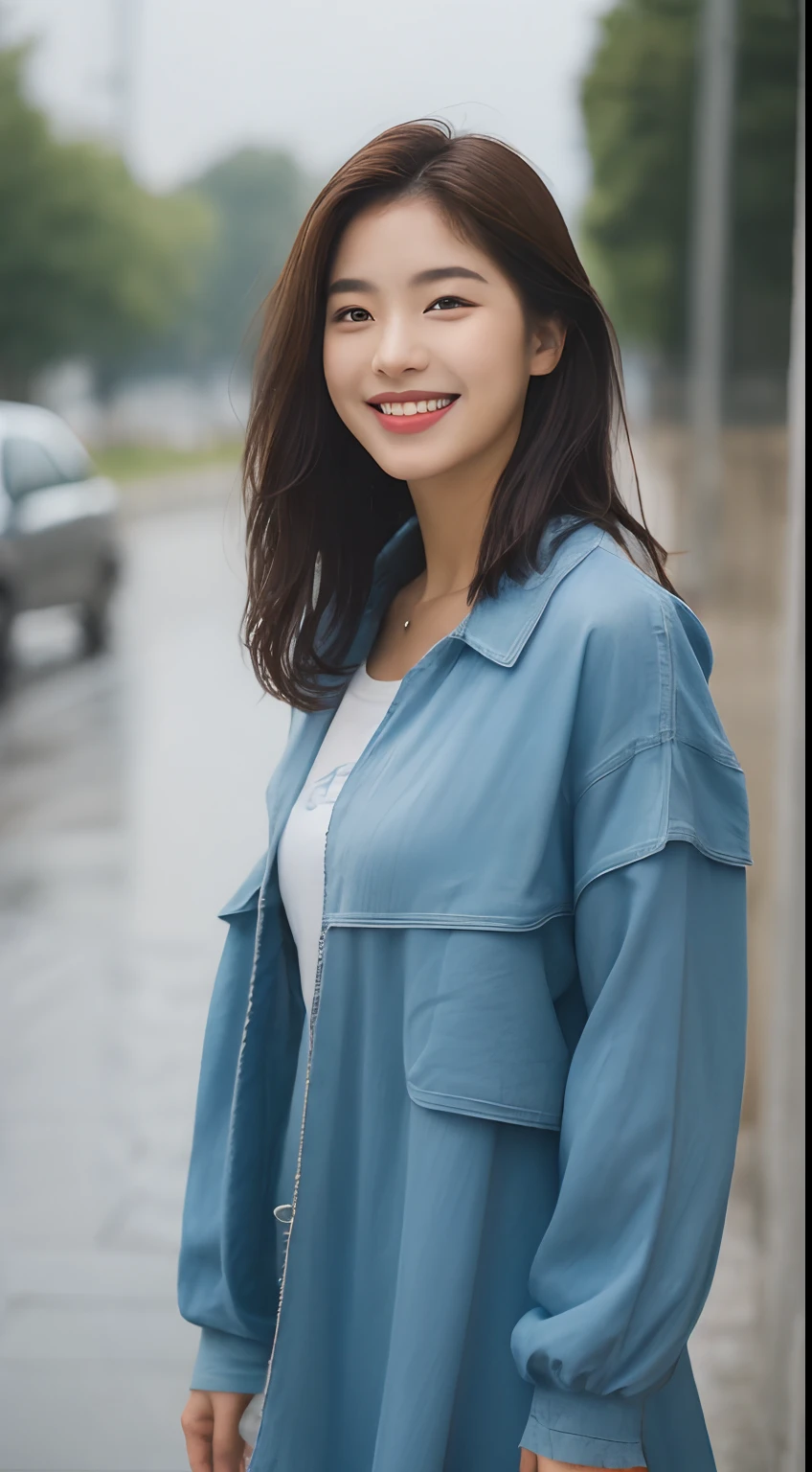 ((Best Quality, 8K, Masterpiece:1.3)), Focus: 1.2, Perfect Body Beauty: 1.4, Buttocks: 1.2, ((Layered Haircut, Breasts: 1.2)), (Wet Clothes: 1.1), (Rain, Street:1.3), Bandeau Dress: 1.1, Highly Detailed Face and Skin Texture, Fine Eyes, Double Eyelids, Whitening Skin, Long Hair, (Shut Up: 1.3), Smile