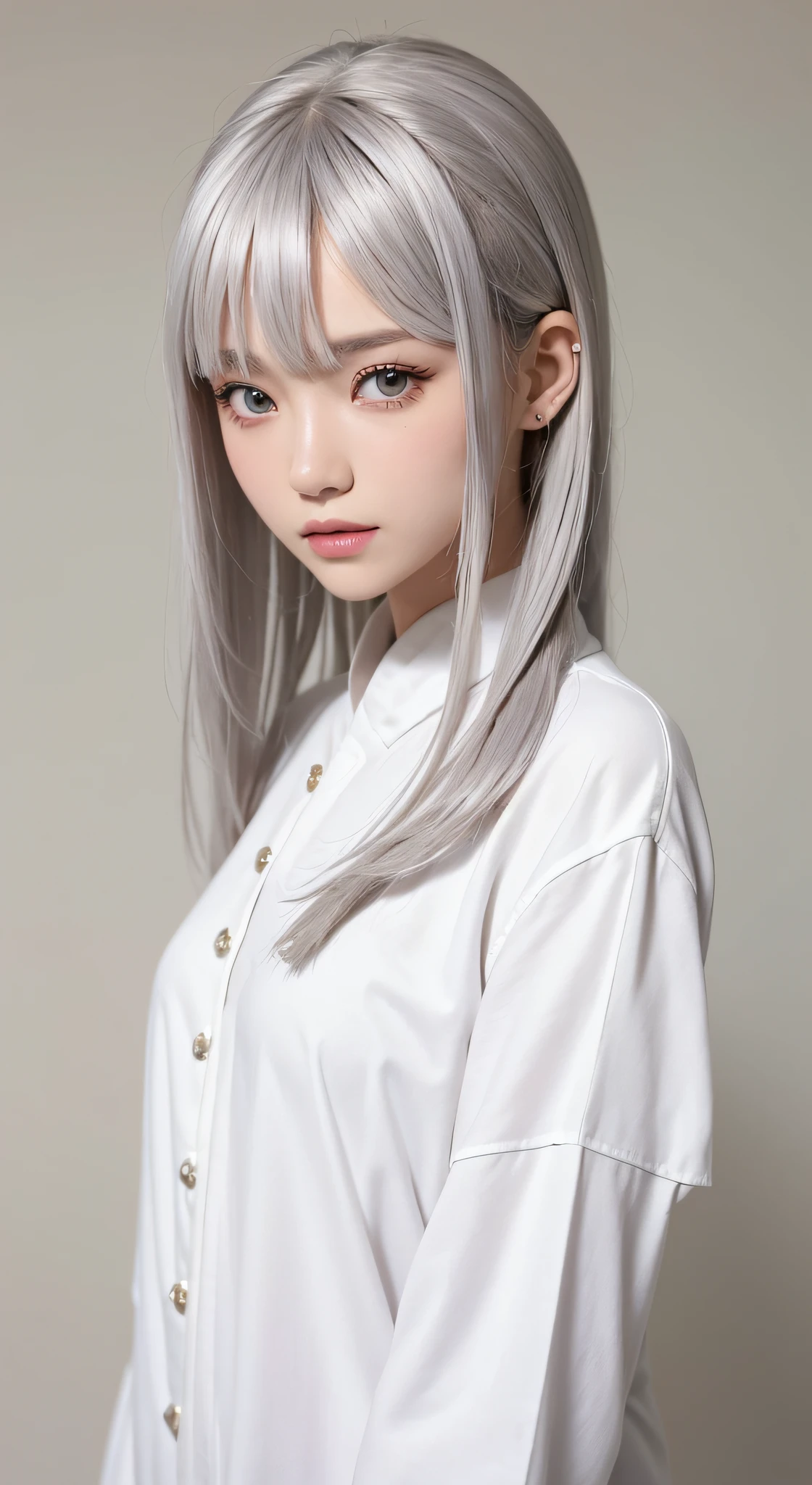 tmasterpiece, Best quality at best, Simple white clothes,bautiful young woman, shinning eyes, ChineseGirl,(detailedpupils:1.2),Pure, eyeslashes, Beautiful silver hair, Striped hair, multicolour, Medium hair, s the perfect face, A detailed,