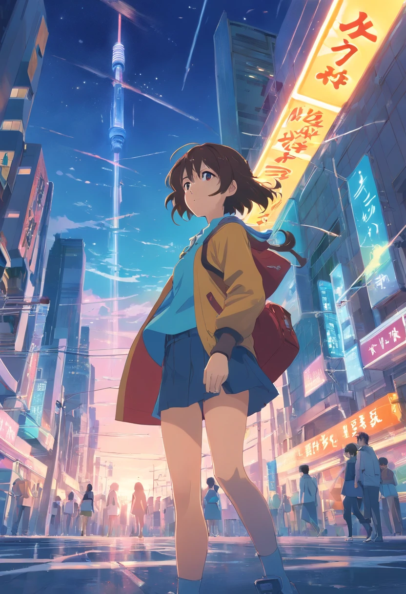A woman in a yellow jacket and blue skirt standing on a city street ...