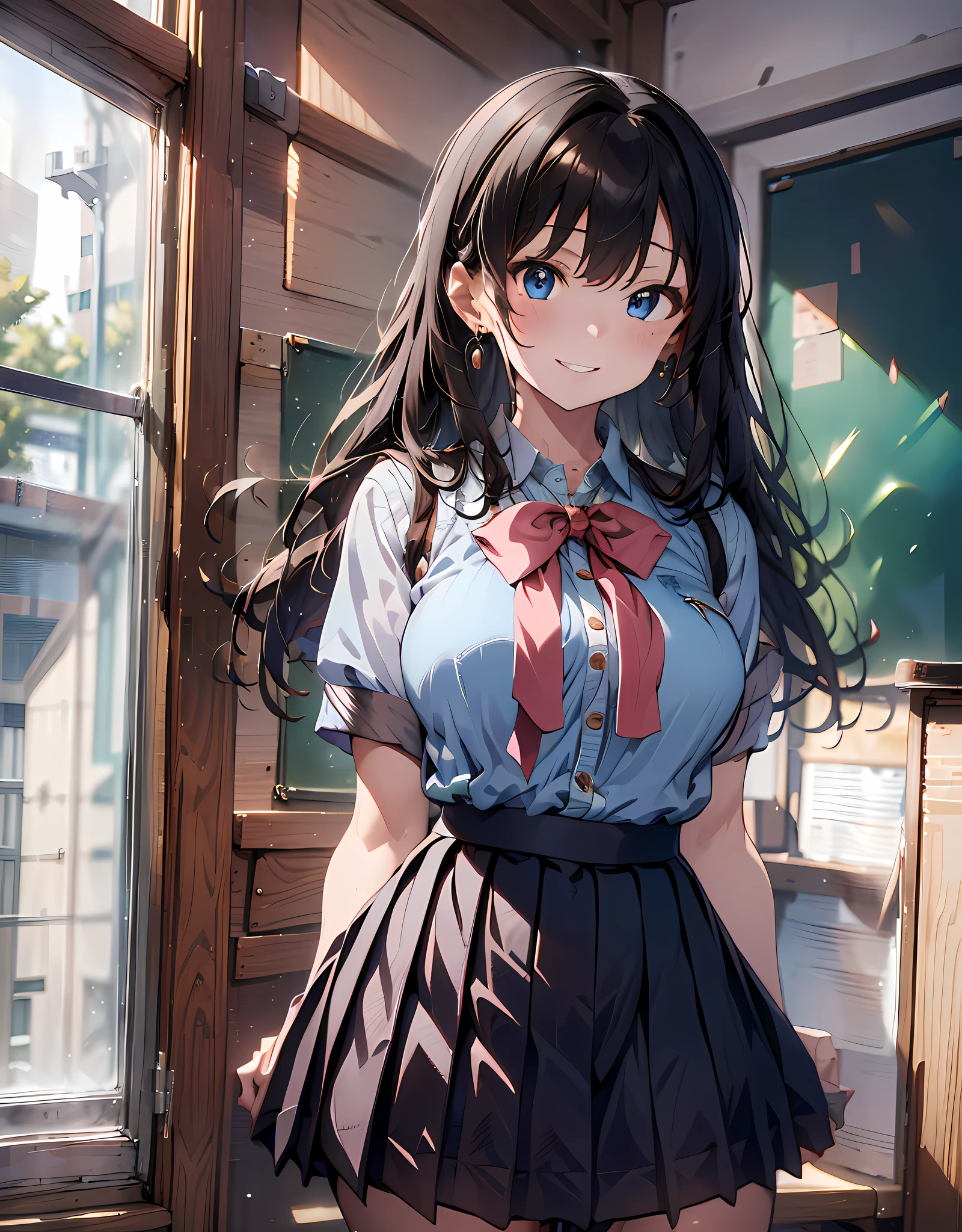 (masterpiece, best quality:1.37), highres, ultra-detailed, ultra-sharp, BREAK, Japanese school girl, 1girl, (black hair, medium straight hair, bangs), blue eyes, jewelry, earrings, piercing, BREAK, ((detailed jumper skirt uniform:1.5), (((jumper skirt:1.5))), lovely look), grin, light smile, parted lips, pink lipstick, BREAK, standing, cowboy shot, arms behind back, arms behind on hip, detailed human hands, HDTV:1.2, ((detailed school room background:1.3)), 8 life size, slender, anime style, anime style school girl, perfect anatomy, perfect proportion, inspiration from Kyoto animation and A-1 picture,