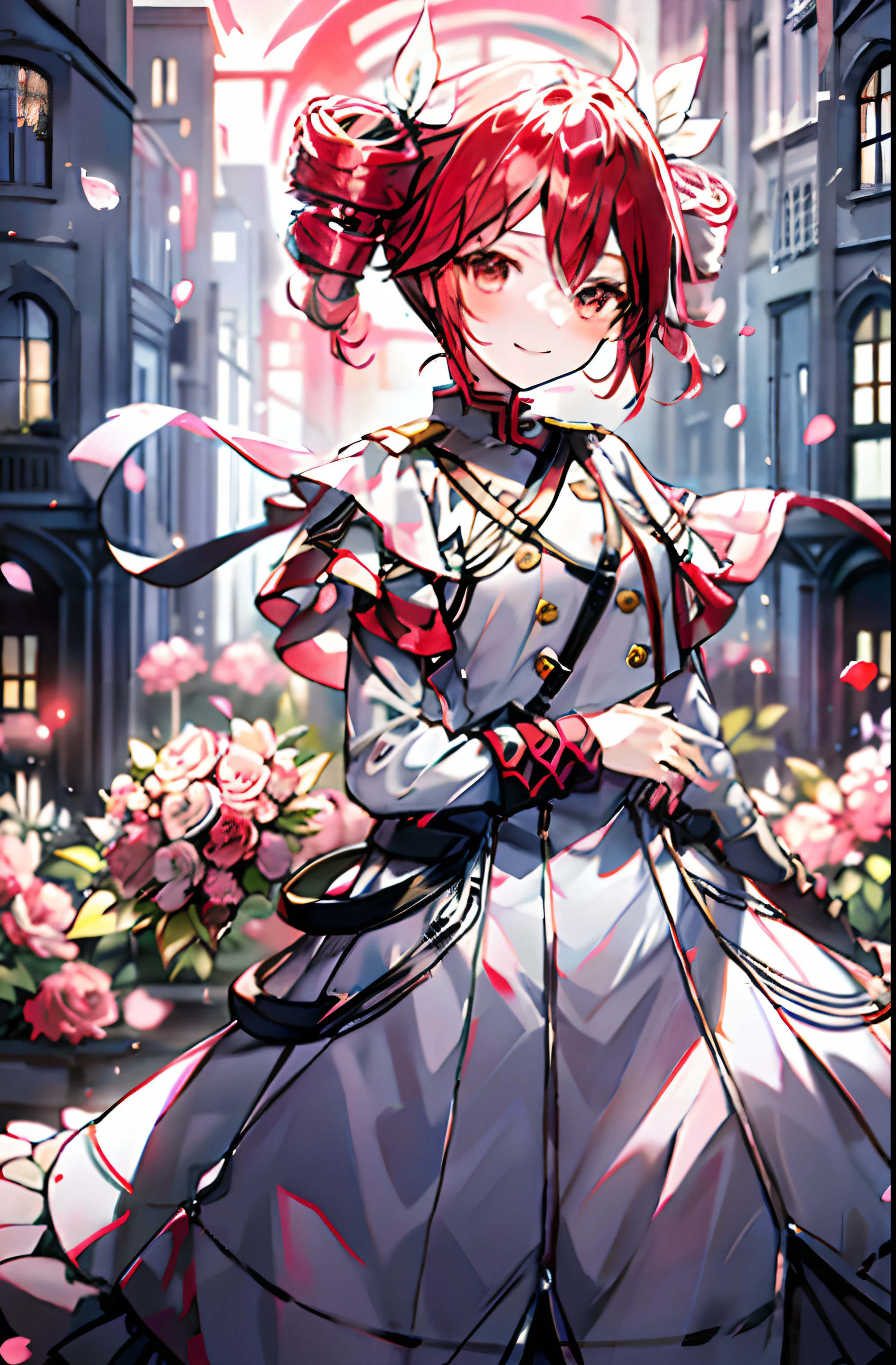 (​masterpiece)、Anime girl with red hair and city bow, top-quality、illustratio、Extremely high quality、high-level image quality、Extremely sensitive writing)Girl with long silver hair standing in beautiful flowery garden、A slight smile、She has a large bouquet、Cute national costume style dress with ruffles on the shoulders、Hair fluttering in the wind