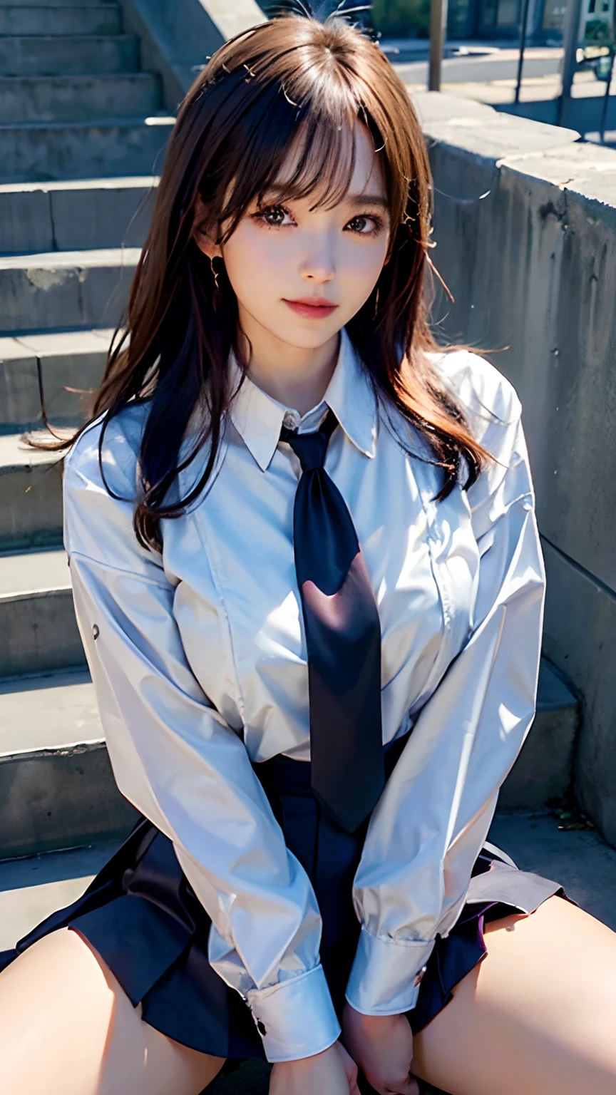 (8K)、(Top image quality:1.2)、(reallistic)、(Photorealsitic:1.5)、Shadow、The long-haired、(dignified expression)、The ultra -The high-definition、1girll、cute little、A smile、a closed mouth、Beautiful details、Beautiful nose in every detail、Detailed eyebrows、A detailed eye、Detailed mouth、Golden Ratio Face、full body Esbian、(爆乳:1.4)、student clothes、jaket、(Shirt opens to reveal chest:1.4)、White short-sleeved shirt、red necktie、Navy blue flared skirt、(((shiny thighs)))、Emphasis on the thighs、Highly fleshy、(sitting on a step:1.4)、beauty legs、(Spread your legs:1.5)、(Open your legs:1.5)、Hands between legs、(frombelow:1.9)、Skyscraper District、Bright morning sun between buildings