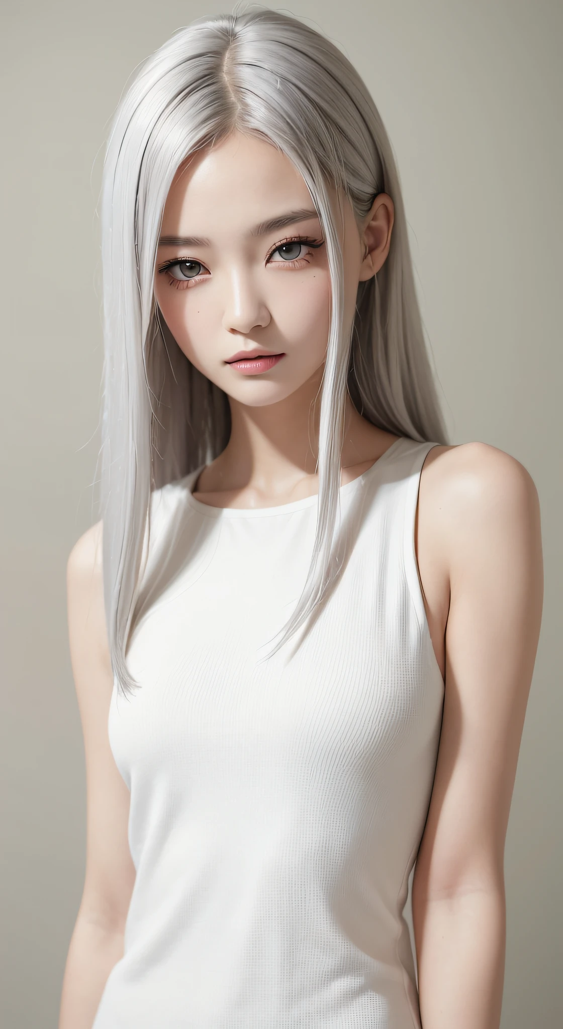 tmasterpiece, Best quality at best, Simple white clothes,bautiful young woman, shinning eyes, ChineseGirl,(detailedpupils:1.2),Pure, eyeslashes, Beautiful silver hair, Striped hair, multicolour, Medium hair, s the perfect face, A detailed,