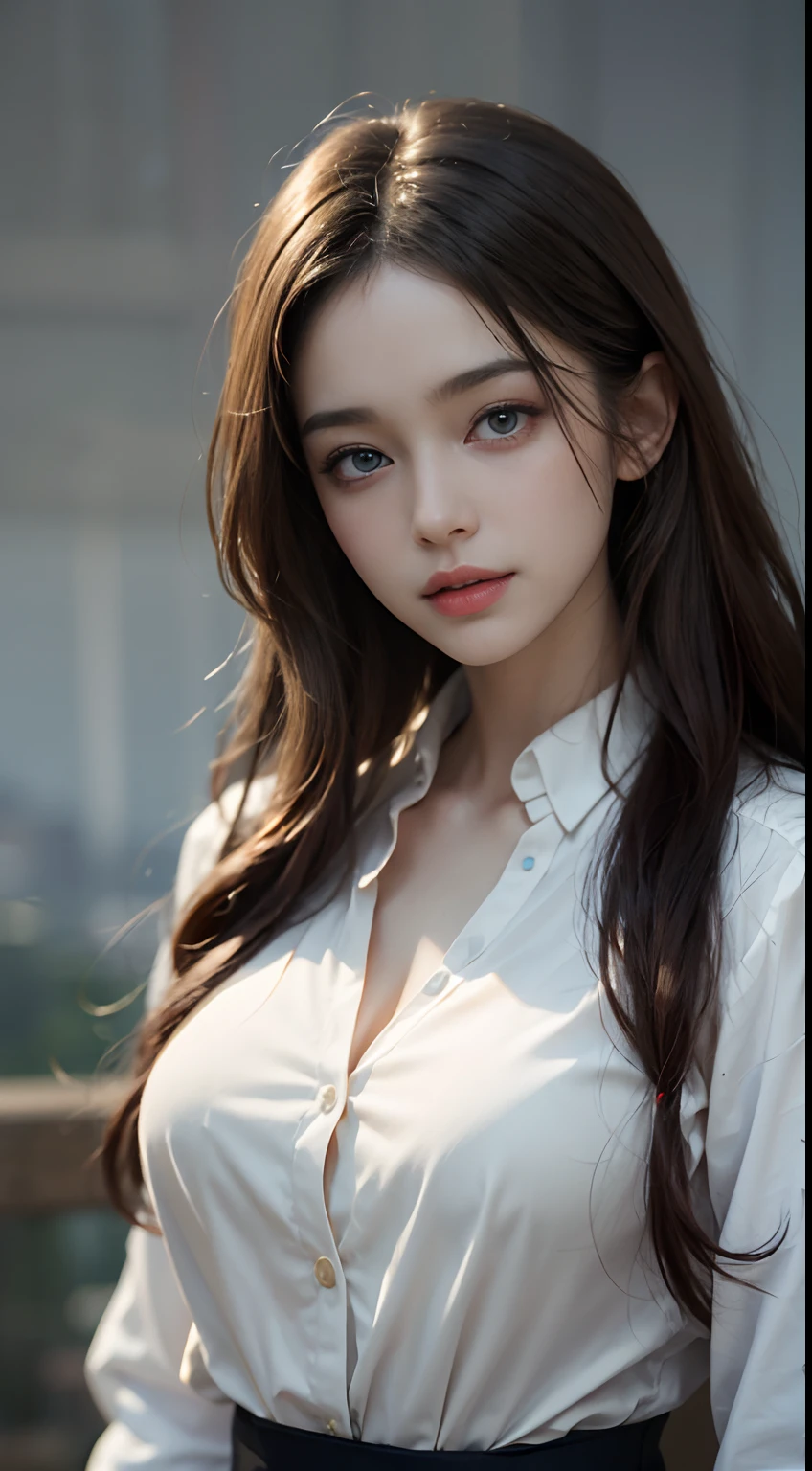 (Masterpiece, best quality, award winning, photorealistic, highres, close-up portrait :1.3), 1 brunette girl, European girl, hot model, realistic skin, slim body shape, intricate detailed hair, attractive, sexy, ((wearing white button up shirt)), posing for pictures, classroom, ((realistic, super realistic, realism, realistic detail))