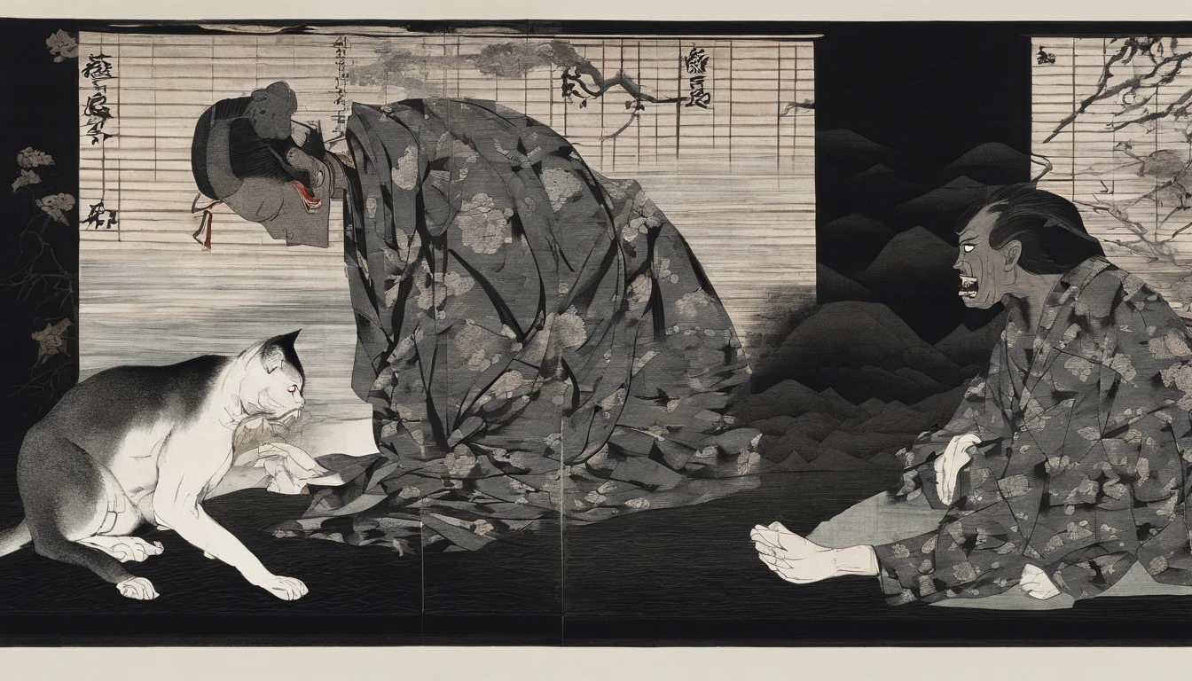 Dois gatos conversansdo, Traditional Japanese opera, no palco, ukiyo-e, Utamaro. Cena de hq em 3 quadros