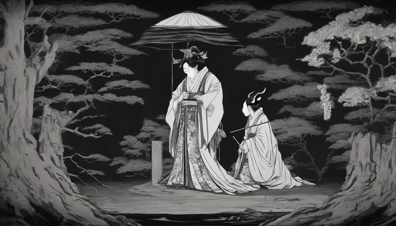 Dois gatos conversansdo, Traditional Japanese opera, no palco, ukiyo-e, Utamaro. Cena de hq em 3 quadros