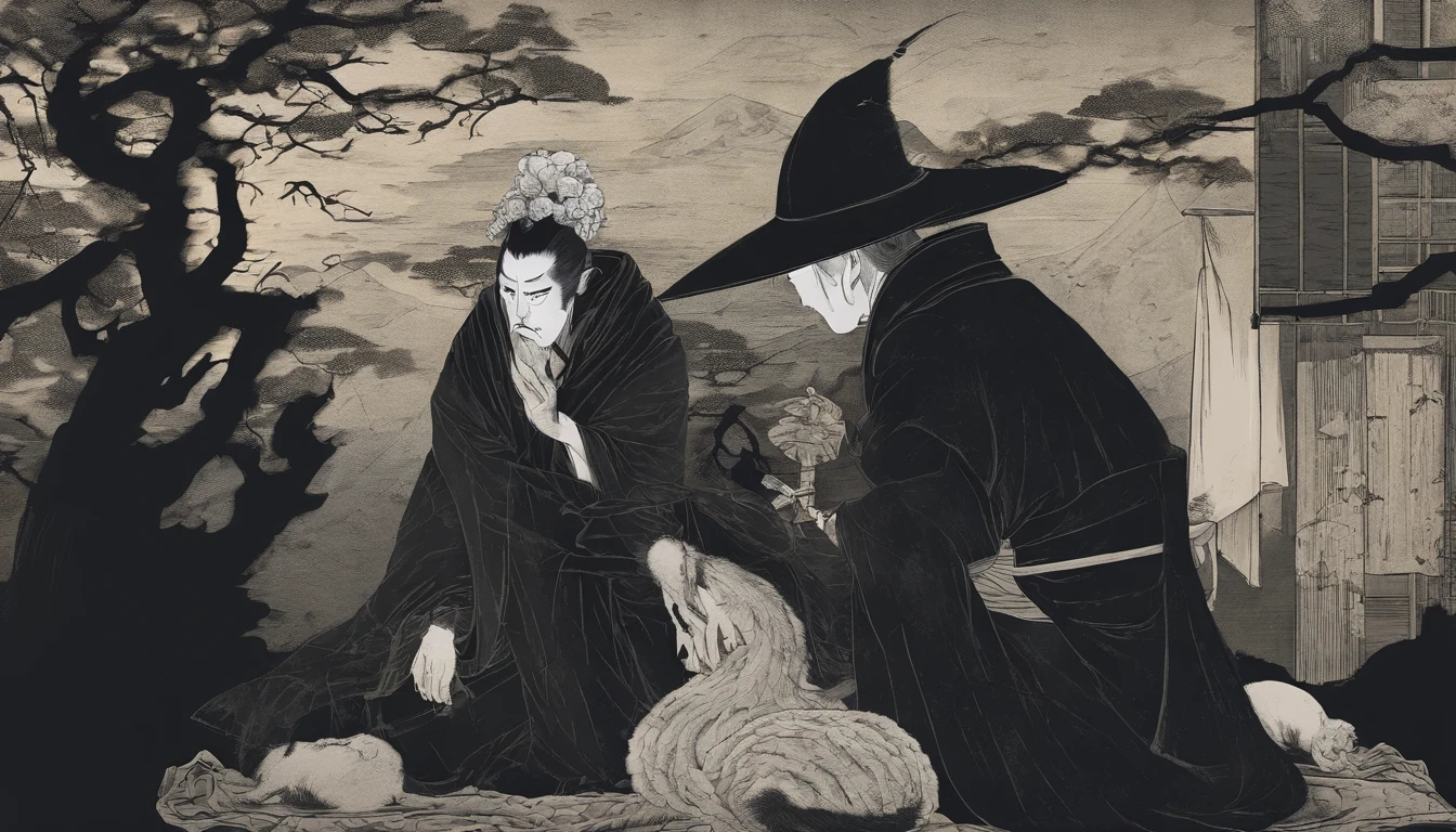 Dois gatos conversansdo, Traditional Japanese opera, no palco, ukiyo-e, Utamaro. Cena de hq em 3 quadros
