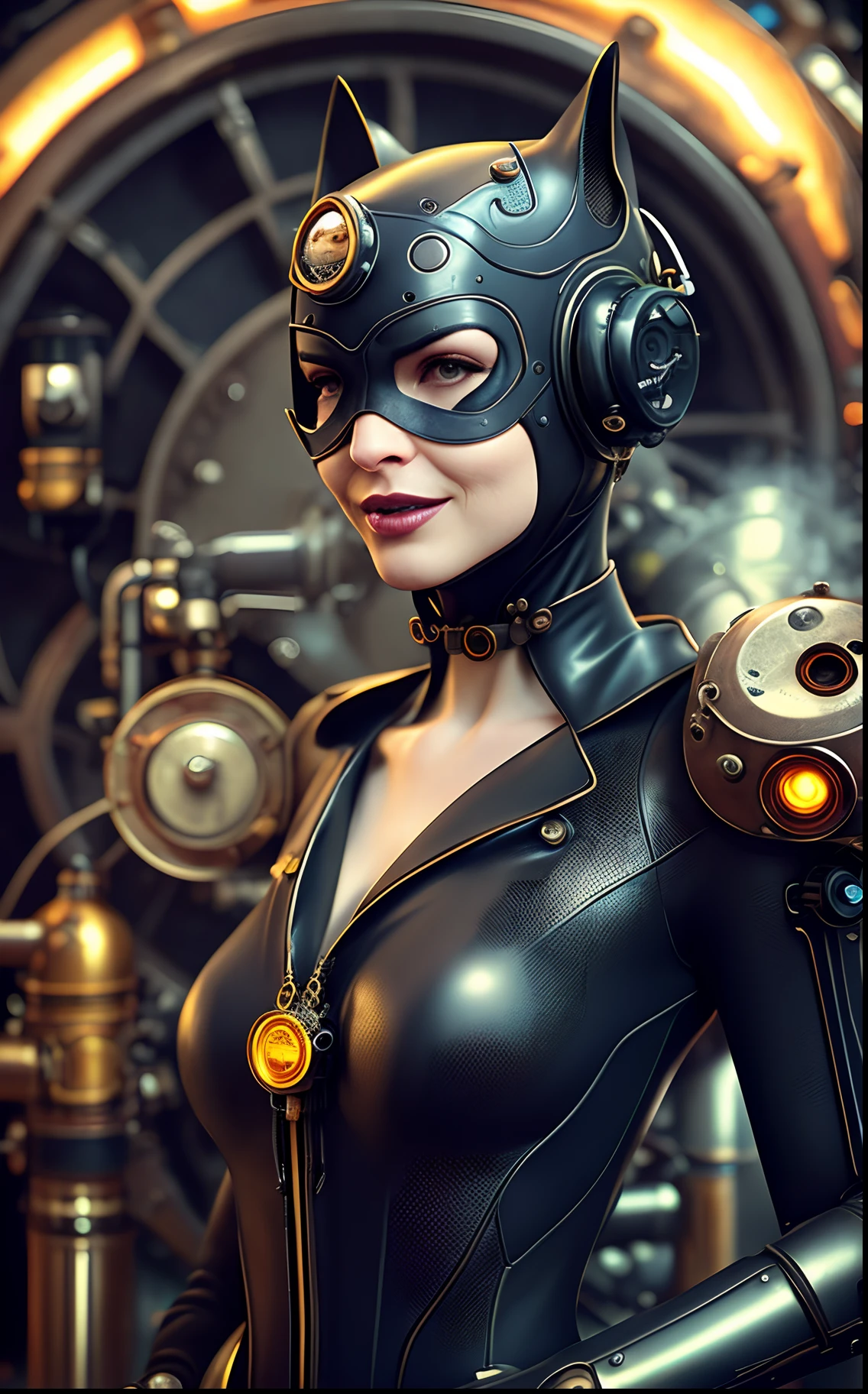 A full body Portrait of a beautiful catwoman in wet steampunk costume, raining and wet, perfect detailed face, detailed symmetric green eyes with circular iris, wavy ginger hair, wearing enormous mechanical wings in her back, overall theme is Industrial Steampunk, steamy background with lots of steam pipes and steam valves and pressure gauges and gears, realistic, stunning realistic photograph, 3d render, octane render, intricately detailed, cinematic, Isometric, Centered, hyperealistic cover photo, awesome full color, 12k, high definition, cinematic, neoprene, behance contest winner, portrait featured on unsplash, smooth, ultra high definition, 8k, ultra sharp focus, intricate artwork, masterpiece, ominous, epic, trending on artstation, highly detailed,