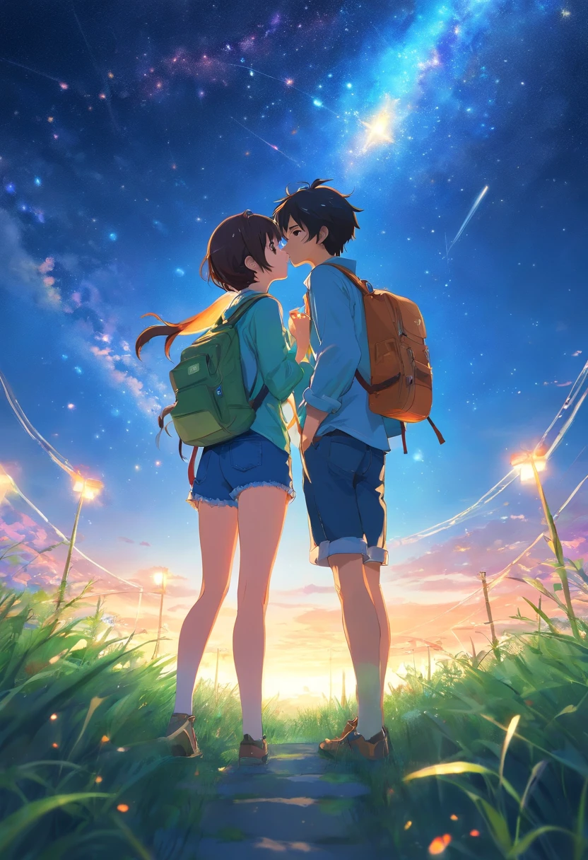 The vast starry sky, the beautiful skyline, the vast grassland, extremely tense and dramatic pictures, the moving visual effects, the high-hanging Polaris, and colorful natural light. A long-sleeved top, Denim shorts, And a girl with a backpack, long sleeved shirt, Denim jeans, And a boy with a backpack, two hand, Kissing, a couple, Koi, Lip kiss.