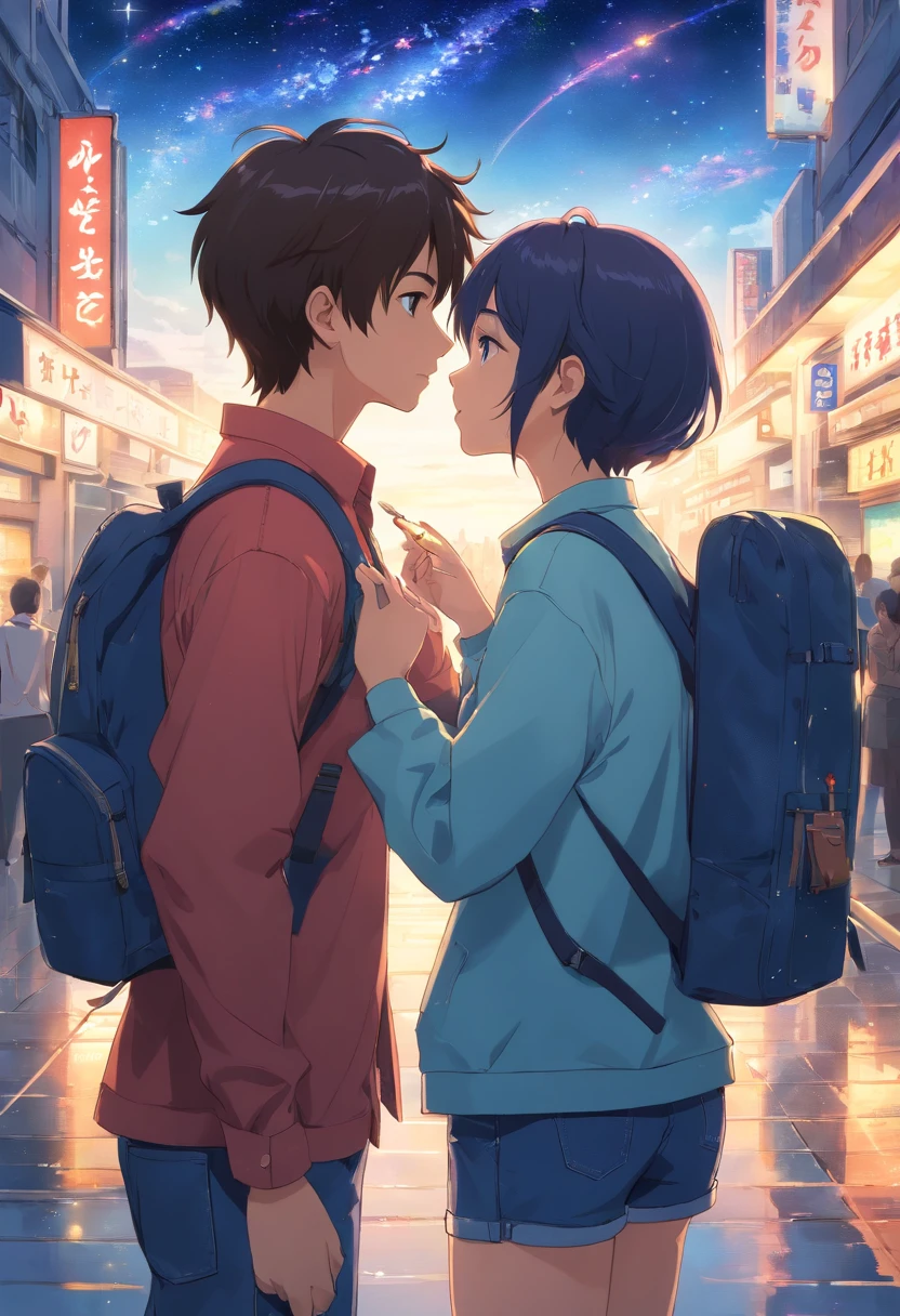 The vast starry sky, the beautiful skyline, the vast grassland, extremely tense and dramatic pictures, the moving visual effects, the high-hanging Polaris, and colorful natural light. A long-sleeved top, Denim shorts, And a girl with a backpack, long sleeved shirt, Denim jeans, And a boy with a backpack, two hand, Kissing, a couple, Koi, Lip kiss.