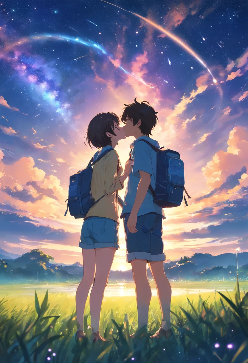 The vast starry sky, the beautiful skyline, the vast grassland, extremely tense and dramatic pictures, the moving visual effects, the high-hanging Polaris, and colorful natural light. A long-sleeved top, Denim shorts, And a girl with a backpack, long sleeved shirt, Denim jeans, And a boy with a backpack, two hand, Kissing, a couple, Koi, Lip kiss.