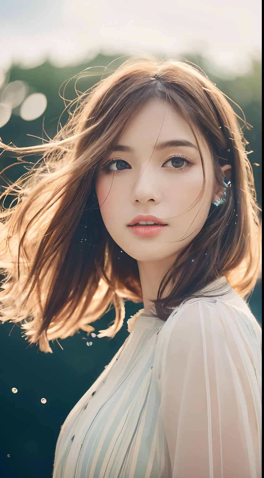 (8K, Raw photo, Photorealistic:1.25) ,( Lip gloss,Glossy finish, Glossy skin, Best Quality, 超A high resolution, chromatic abberation, Caustics, Wide light, Natural Shadow) look with serenity and goddess-like bliss to the spectators,(depth of fields:1.6), (colorful unfocused lights on background:1.2) ,very natural make-up,Shot on a cloudy day . Slender eyes.Downcast eyes. The distant look in her eyes、(Gorgeous Summer Dresses)(Stylish as a professional model)、Radio City、Medium Hair