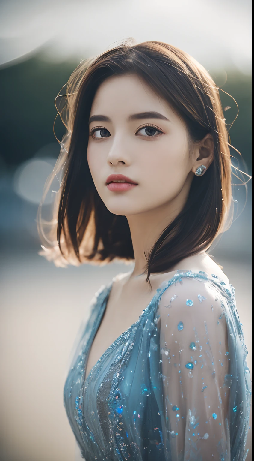 (8K, Raw photo, Photorealistic:1.25) ,( Lip gloss,Glossy finish, Glossy skin, Best Quality, 超A high resolution, chromatic abberation, Caustics, Wide light, Natural Shadow) look with serenity and goddess-like bliss to the spectators,(depth of fields:1.6), (colorful unfocused lights on background:1.2) ,very natural make-up,Shot on a cloudy day . Slender eyes.Downcast eyes. The distant look in her eyes、(Gorgeous Summer Dresses)(Stylish as a professional model)、Radio City、Medium Hair