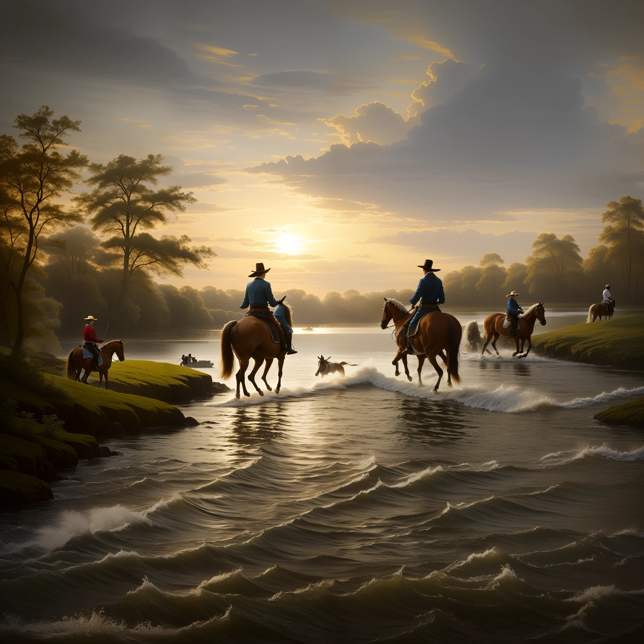 Two men rode through the current, inspired by Philips Wouwerman, crossing the river, equestrian photography, Inspired by Andreas Achenbach, by Daniel Seghers, author：Hans Goode, author：Eamon Efrad, author：Fabian Charrouo, Inspired by Albert Kuyp, author：Jan Kupeki