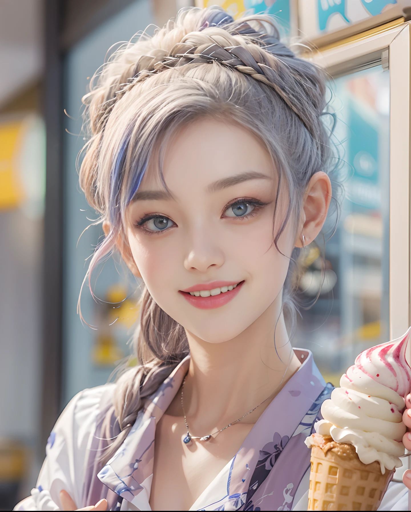 masutepiece、hight resolution、The Ice Cream Shop of the Future、Ice cream shop clerk、30-year-old girl、１Girl clerk、Looking at the camera、smil、Finish as shown in the photo、Soft-serve ice cream and beauty、the skin is white and beautiful、inner colored、Hair should be tied back、