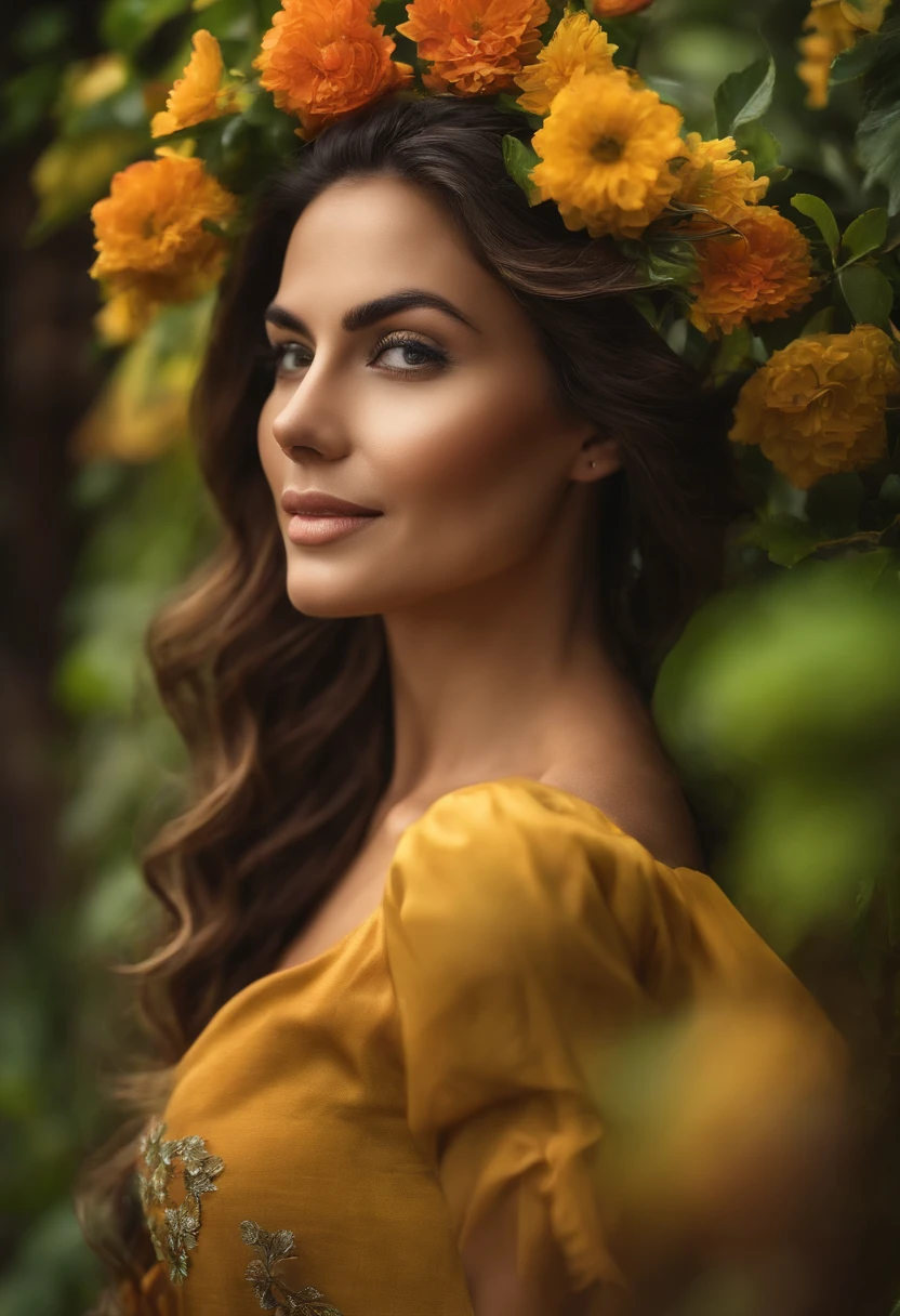 Realistic image with richness of detail taken from a camera of beautiful woman aged 30 years in high standard of beauty, seios fartos, inspirando sexualidade, roupas com decote, corpo todo a amostra, passeando uma belo final de tarde, tendo ao fundo, A setting rich in flower and quite green, olhos e sorriso expressivo e encantador, belo corpo,