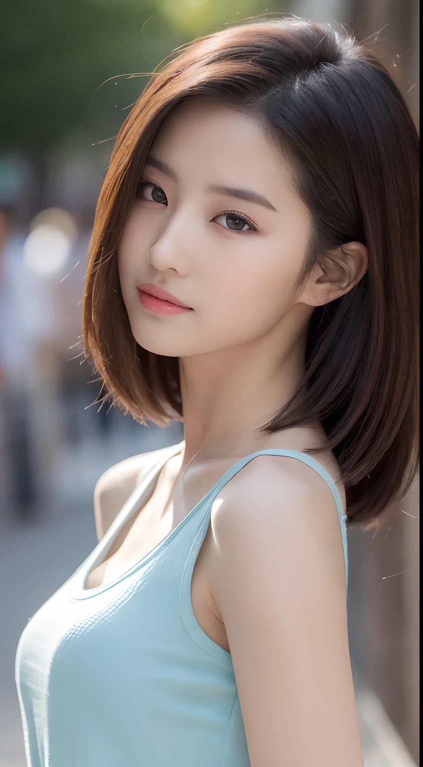 ((Best quality, 8k, Masterpiece :1.3)), Sharp focus :1.2, perfect figure beautiful woman:1.4, Slim abs:1.2, ((Layered Hair Style, mischievous expression:1.2)), (Tank top shirt:1.1 ), (the street:1.2), Highly detailed facial and skin texture, A detailed eye, 二重まぶた，Keep one's mouth shut，