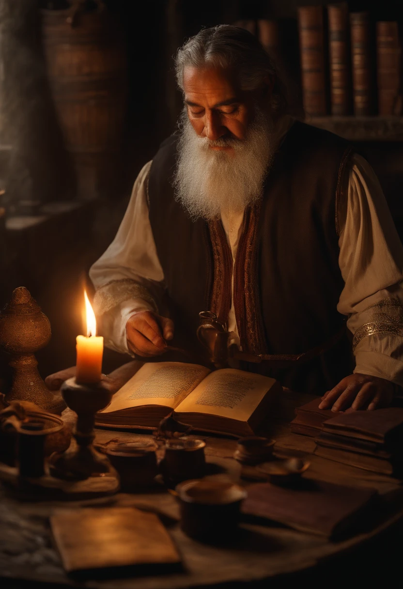 (a wizard of Mexican Asian descent),muito velho com uma barba longa, in a rustic and secret place,(estantes de livros antigos). [Making magic potions and giving wise advice].(melhor qualidade,4k,8k,Altas,master part:1.2),ultra-detalhado,[Realistic,fotorrealista,photo-realistic:1.37] Retratos, [Cores escuras e misteriosas], [Subtle and dim lighting], [textura vintage e antiga].