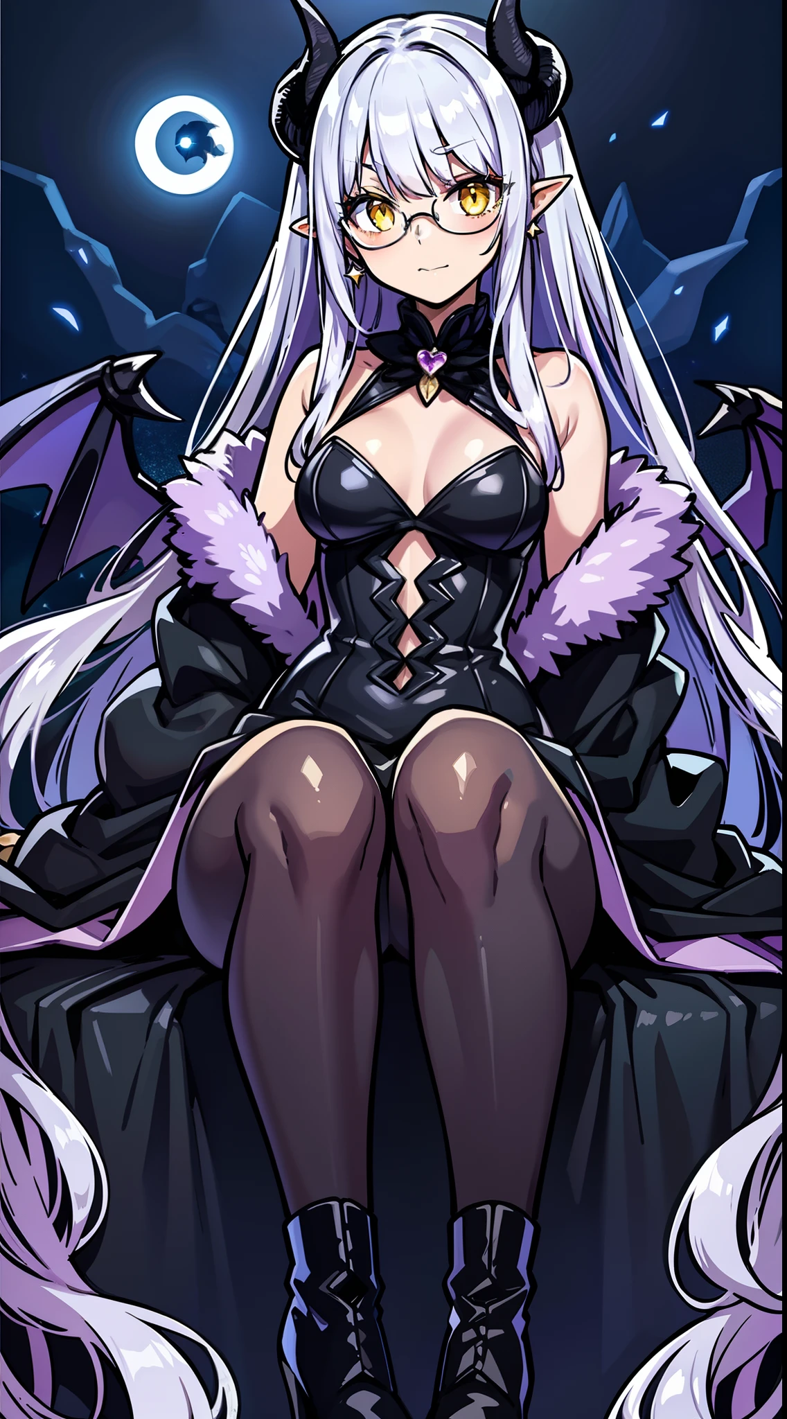 masterpiece,(bestquality),highlydetailed,ultra-detailed,{black hair} (long whitr hair)(Lateral hair)(Shawl hair)(hair straight)，(glasses),(Yellow eyes),fleshy feeling，fleshy legs,enchanted, mystical, devilish, cute, mischievous, with small horns, glowing yellow eyes, swirling purple aura, sitting on a moonlit rooftop, surrounded by a starry night sky, holding a heart-shaped charm, wearing a stylish outfit with a touch of gothic elegance, silver jewelry, (purple hair: white hair:0.4), (black and purple wings: feathery wings:0.3), (pointy boots), with a playful expression, (sorcery:1.2), (moonlight:1.5), (magic sparks), (lunar glow:1.3)